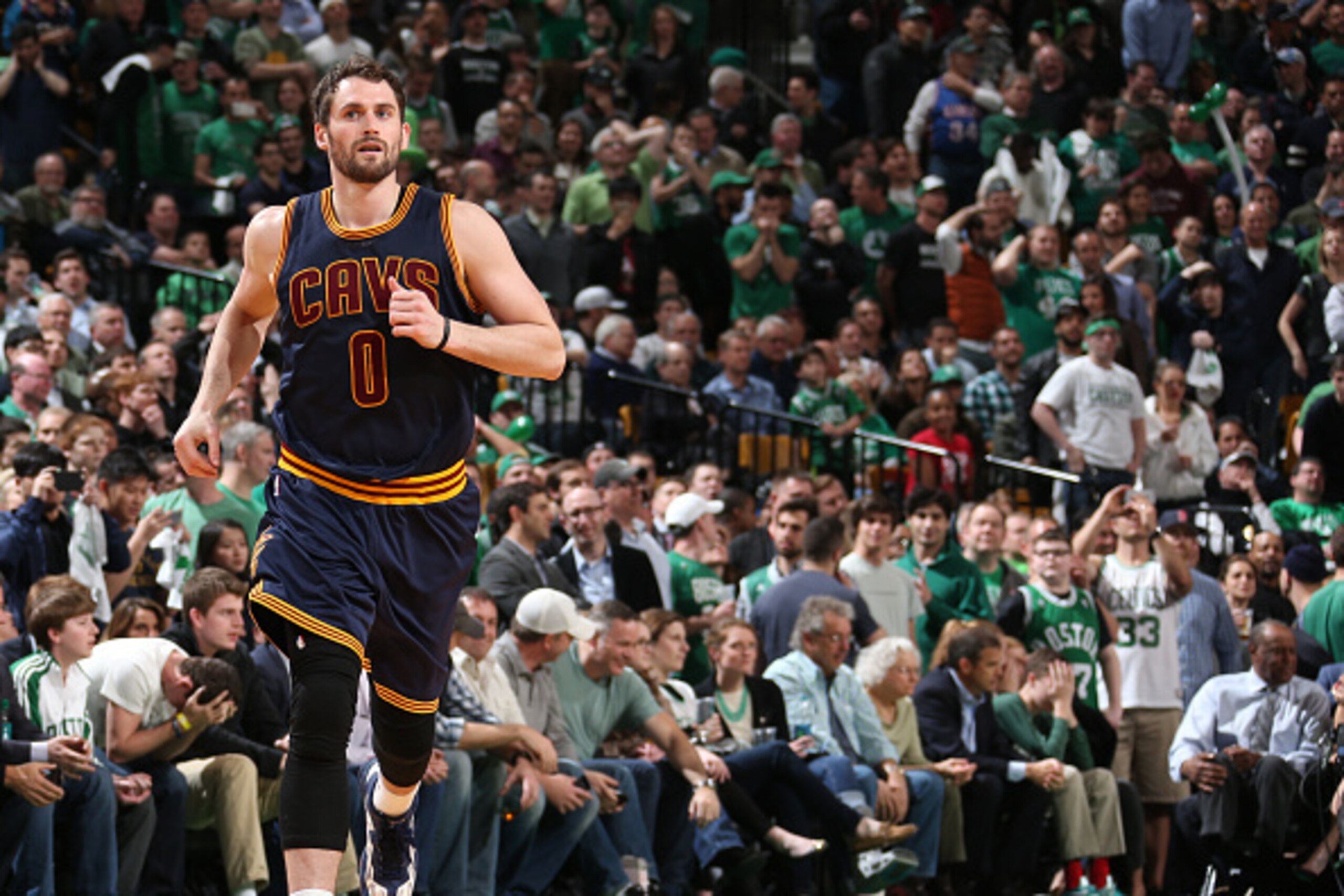 BOSTON, MA - APRIL 23:  Kevin Love #0 of the Cleveland Cavaliers during the game against the Boston Celtics during Game Three of the Eastern Conference Quarterfinals of the 2015 NBA Playoffs on April 23, 2015 at the TD Garden in Boston, Massachusetts.  NO