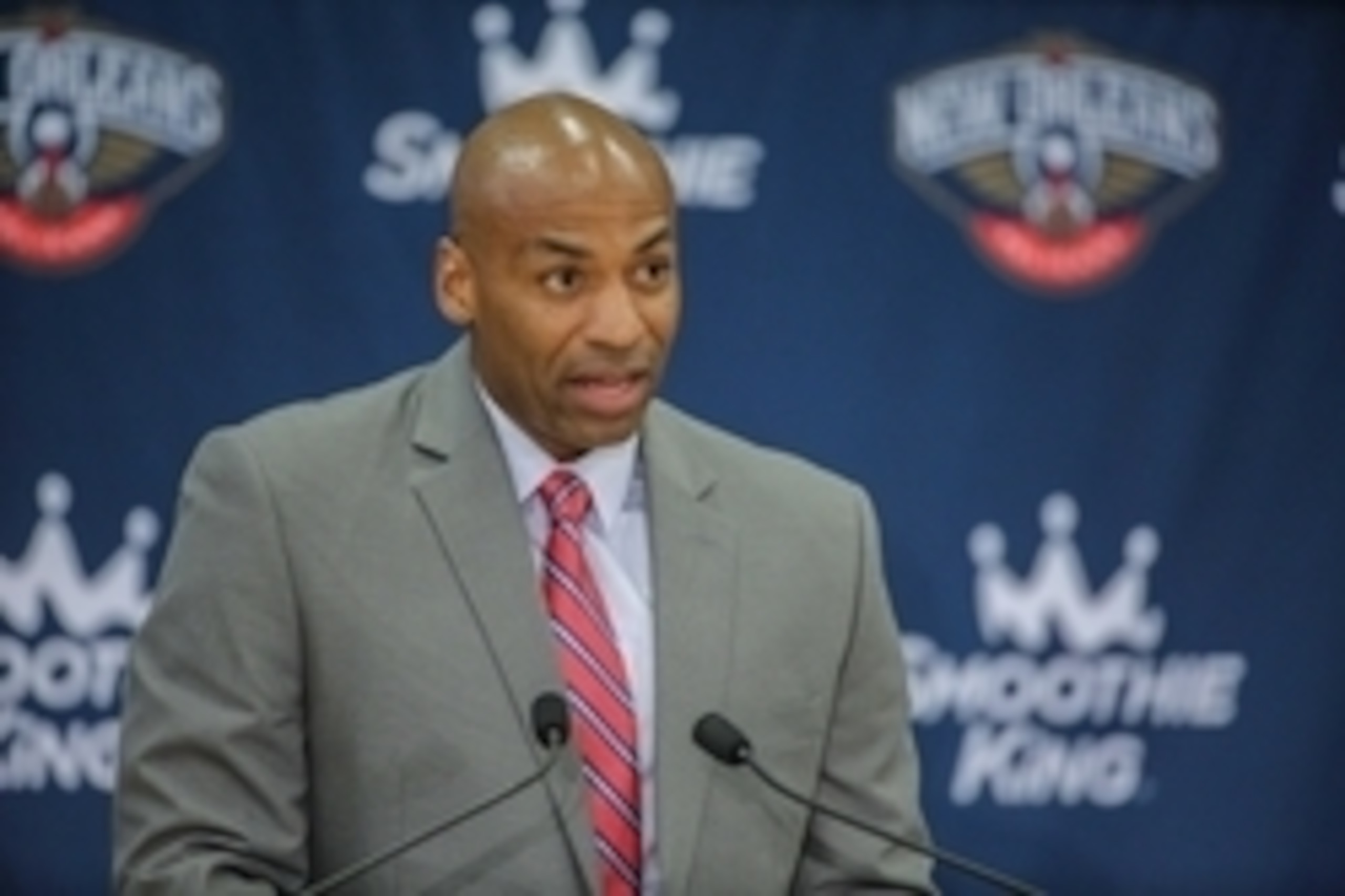 Jun 22, 2015; New Orleans, LA, USA; New Orleans Pelicans general manager during a press conference to introduce new head coach Alvin Gentry at the New Orleans Pelicans Training Facility. Mandatory Credit: Derick E. Hingle-USA TODAY Sports