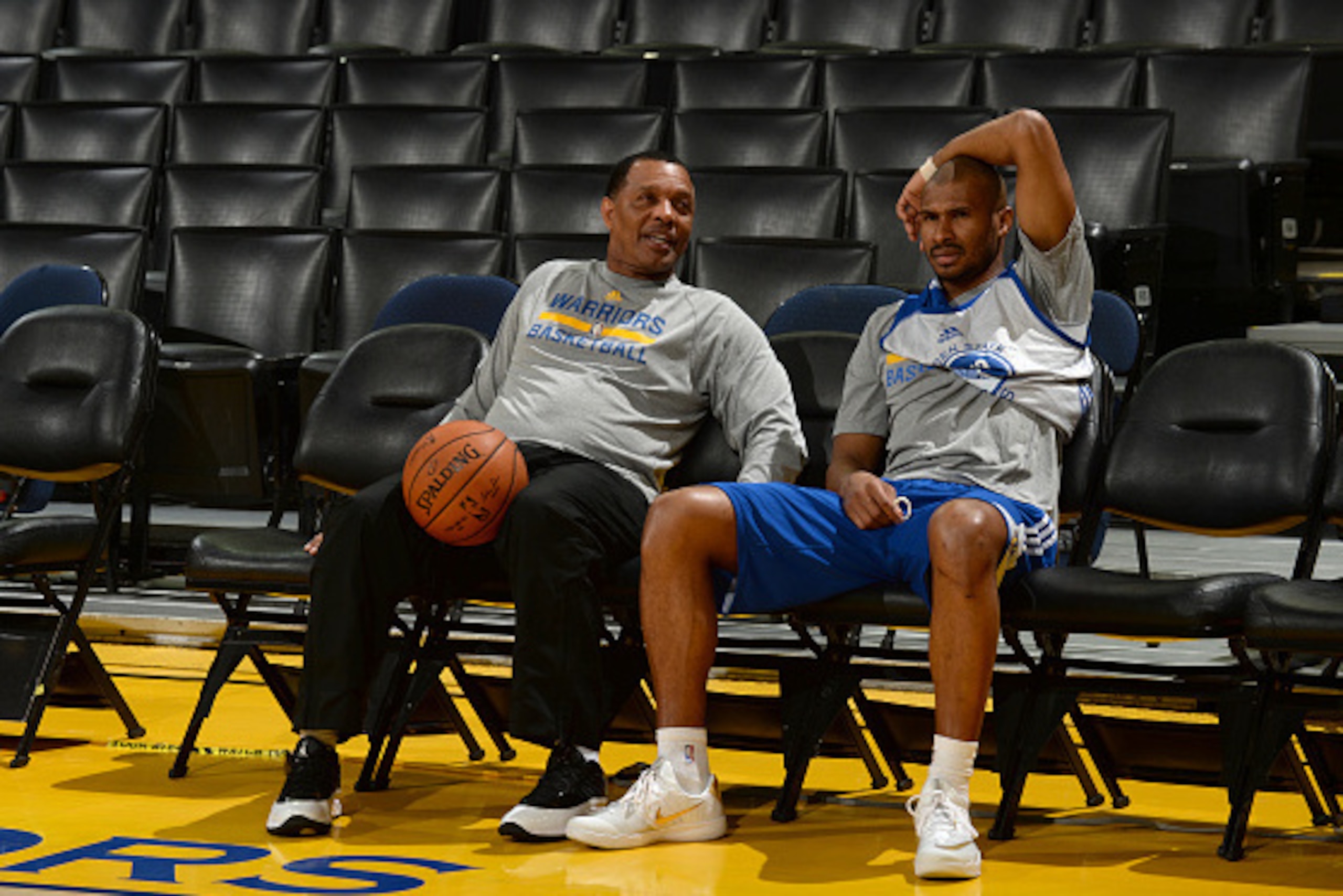 OAKLAND, CA - JUNE 3:  Assistant coach, Alvin Gentry and Leandro Barbosa #19 of the Golden State Warriors participate during practice and media availability as part of the 2015 NBA Finals on June 3 2015 at Oracle Arena in Oakland, California. NOTE TO USER