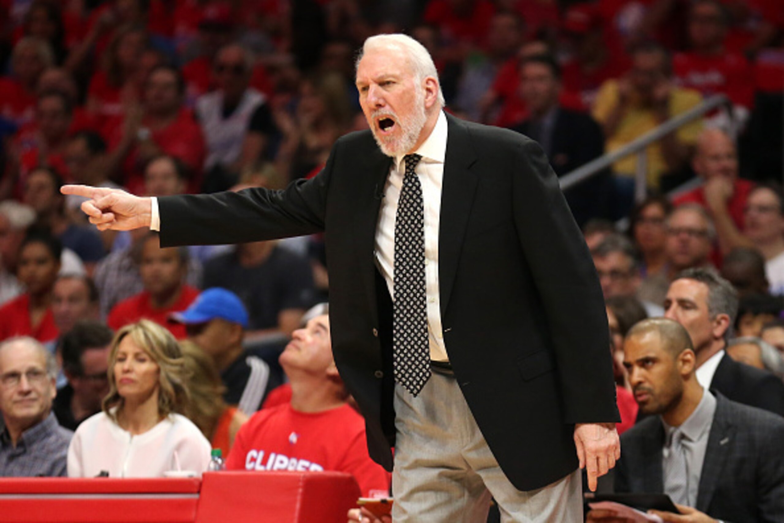 LOS ANGELES, CA - MAY 02:  Head coach Gregg Popovich of the San Antonio Spurs gestures against the Los Angeles Clippers during Game Seven of the Western Conference quarterfinals of the 2015 NBA Playoffs at Staples Center on May 2, 2015 in Los Angeles, Cal
