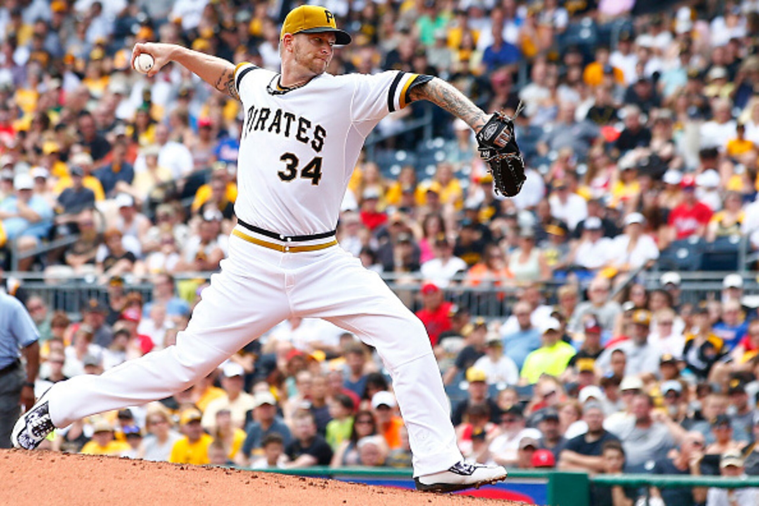 PITTSBURGH, PA - JUNE 14:  A.J. Burnett #34 of the Pittsburgh Pirates pitches in the third inning against the Philadelphia Phillies during the game at PNC Park on June 14, 2015 in Pittsburgh, Pennsylvania.  (Photo by Jared Wickerham/Getty Images)