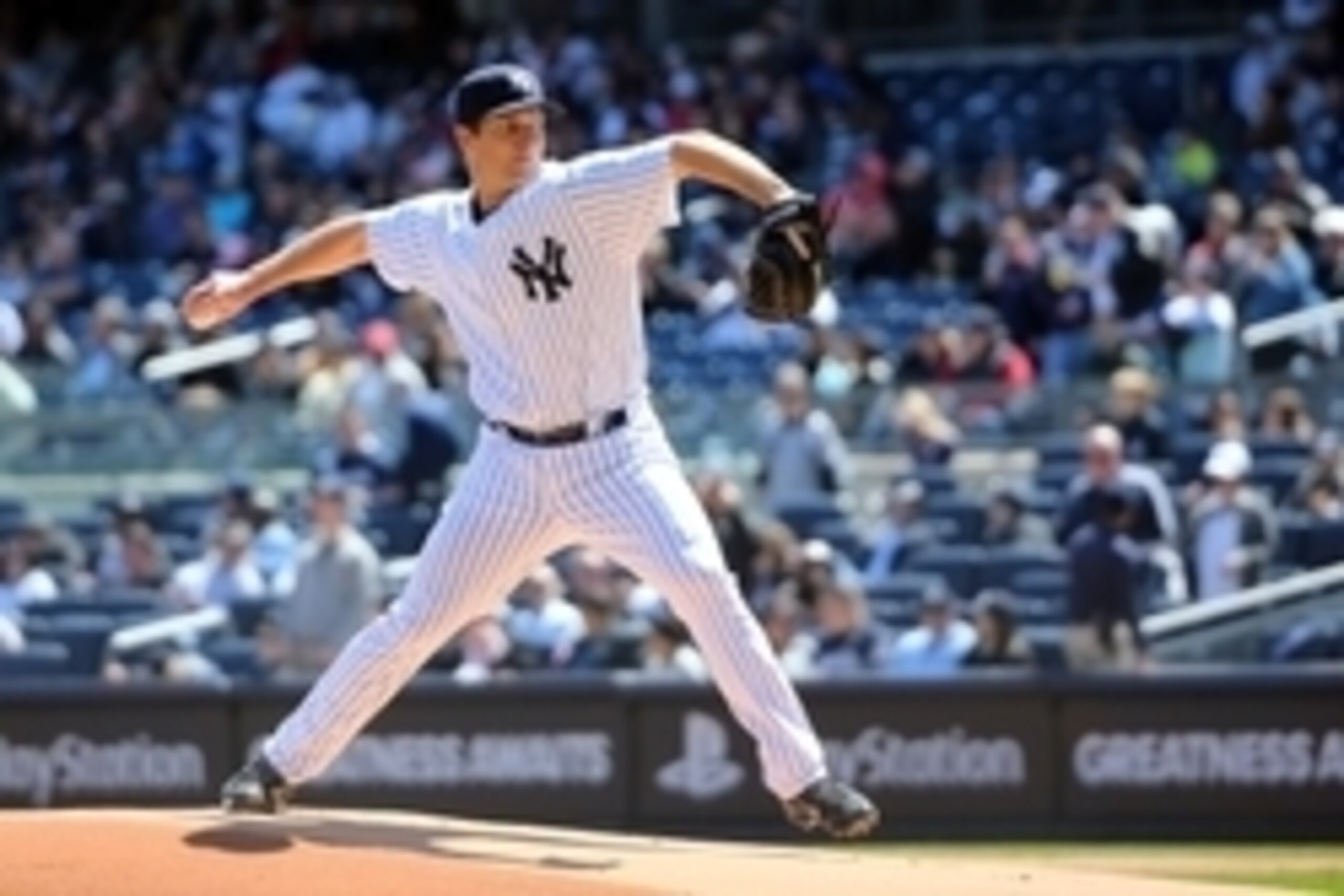 Apr 11, 2015; Bronx, NY, USA; New York Yankees starting pitcher Adam Warren (43) pitches during the first inning against the Boston Red Sox at Yankee Stadium. Mandatory Credit: Anthony Gruppuso-USA TODAY Sports