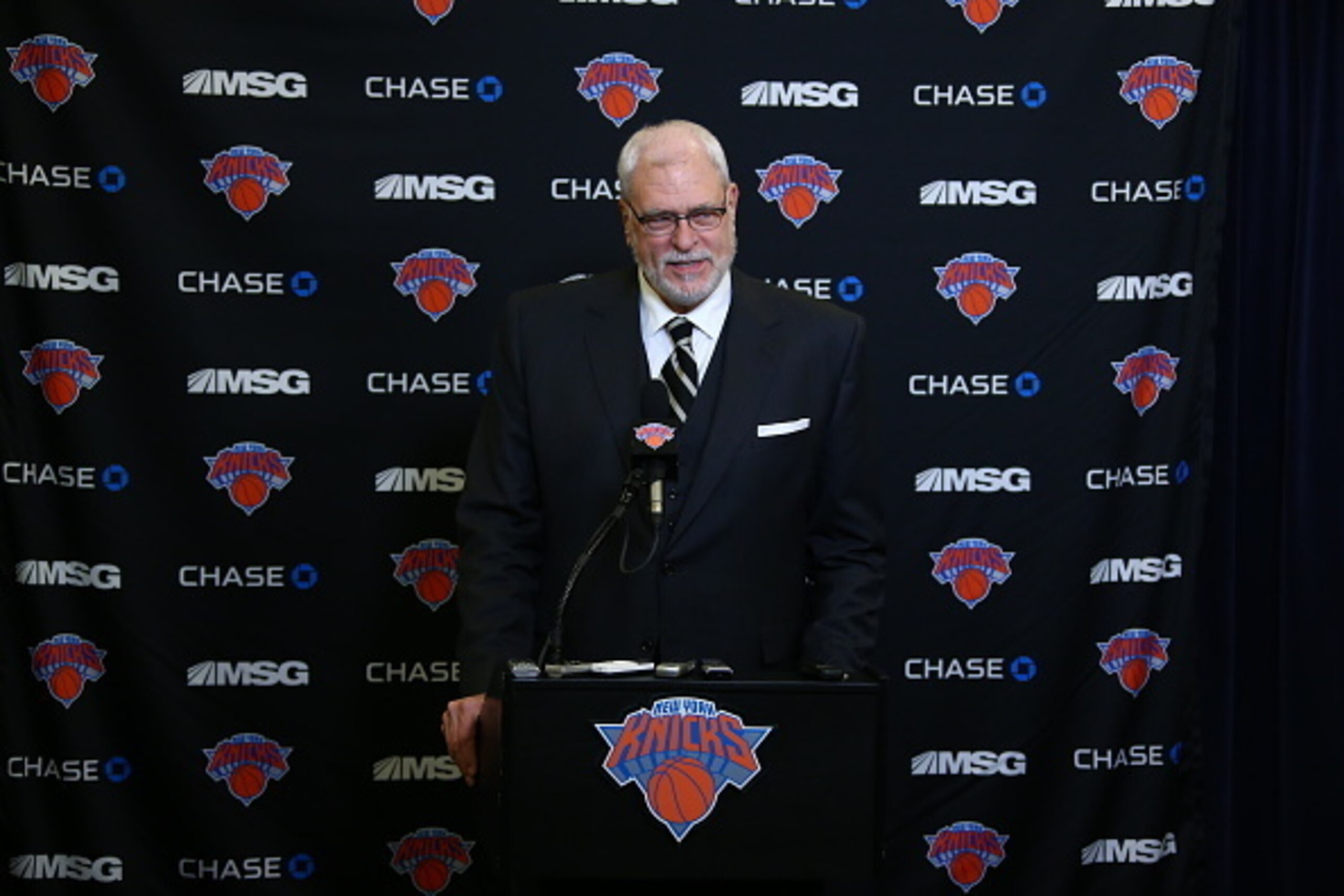 NEW YORK, NY - JANUARY 10:   President of the New York Knicks, Phil Jackson, speaks at a press conference before the game against the Charlotte Hornets on January 10, 2015 at Madison Square Garden in New York City, New York.  NOTE TO USER: User expressly 