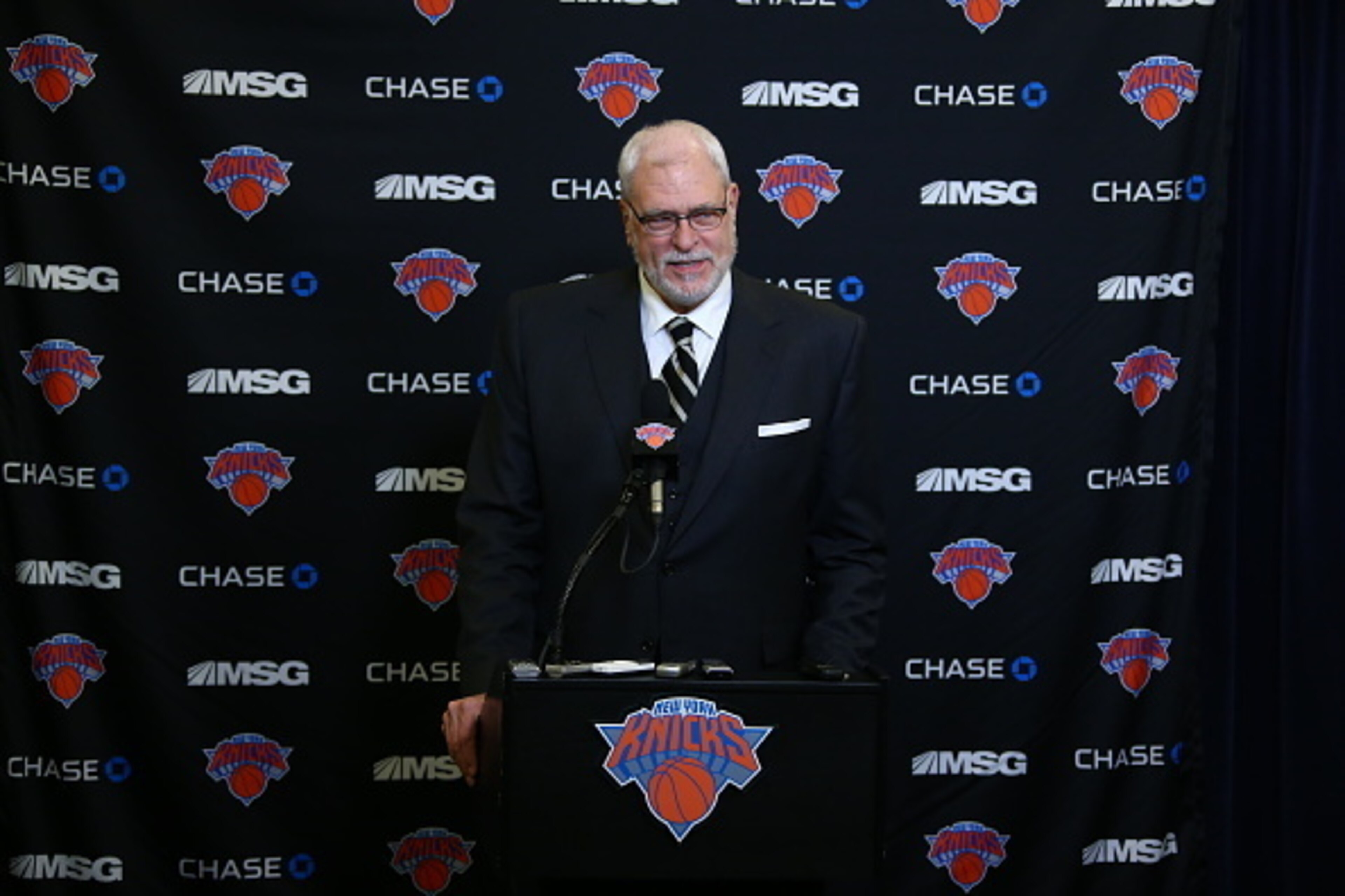 NEW YORK, NY - JANUARY 10:   President of the New York Knicks, Phil Jackson, speaks at a press conference before the game against the Charlotte Hornets on January 10, 2015 at Madison Square Garden in New York City, New York.  NOTE TO USER: User expressly 