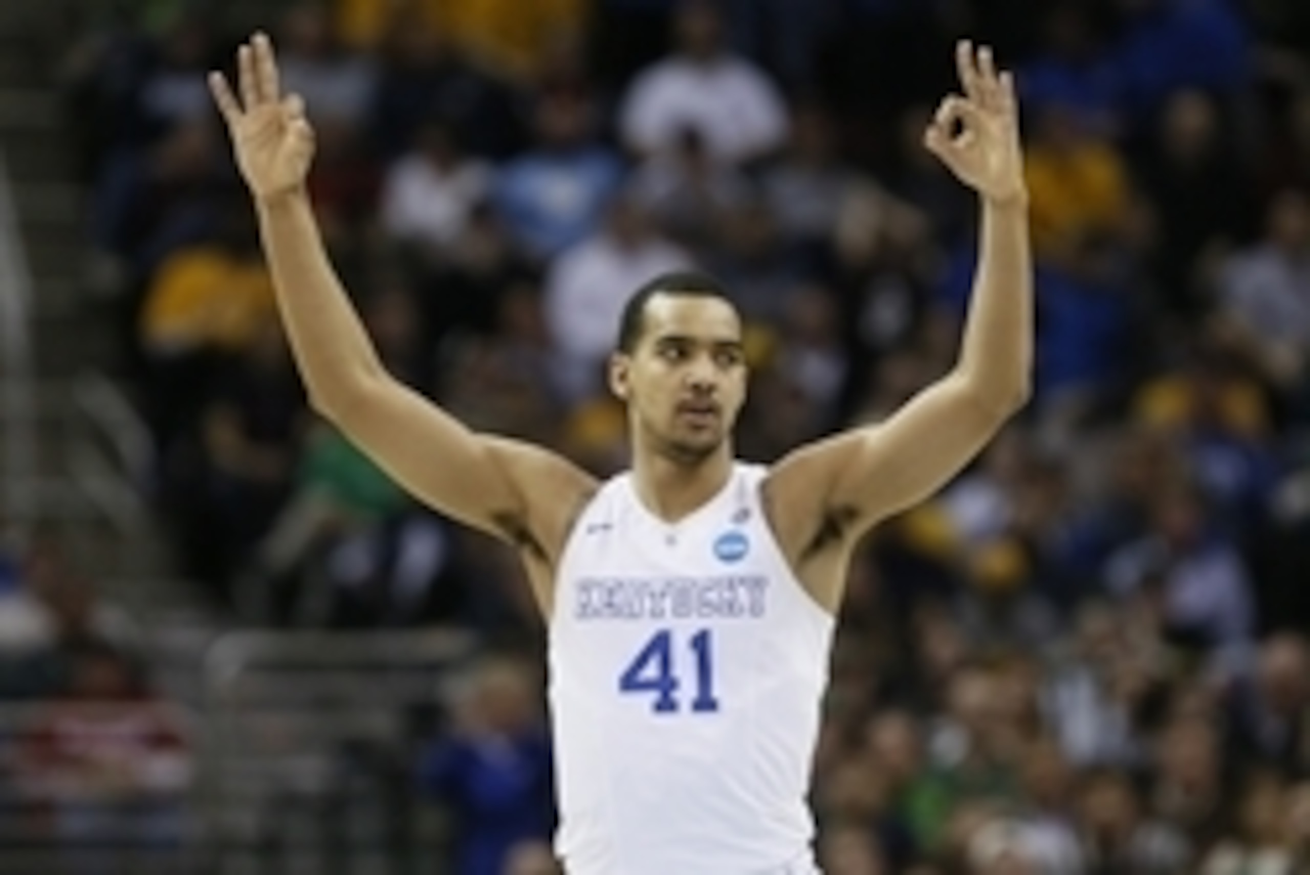 Mar 26, 2015; Cleveland, OH, USA; Kentucky Wildcats forward Trey Lyles (41) reacts during the first half against the West Virginia Mountaineers in the semifinals of the midwest regional of the 2015 NCAA Tournament at Quicken Loans Arena. Mandatory Credit:
