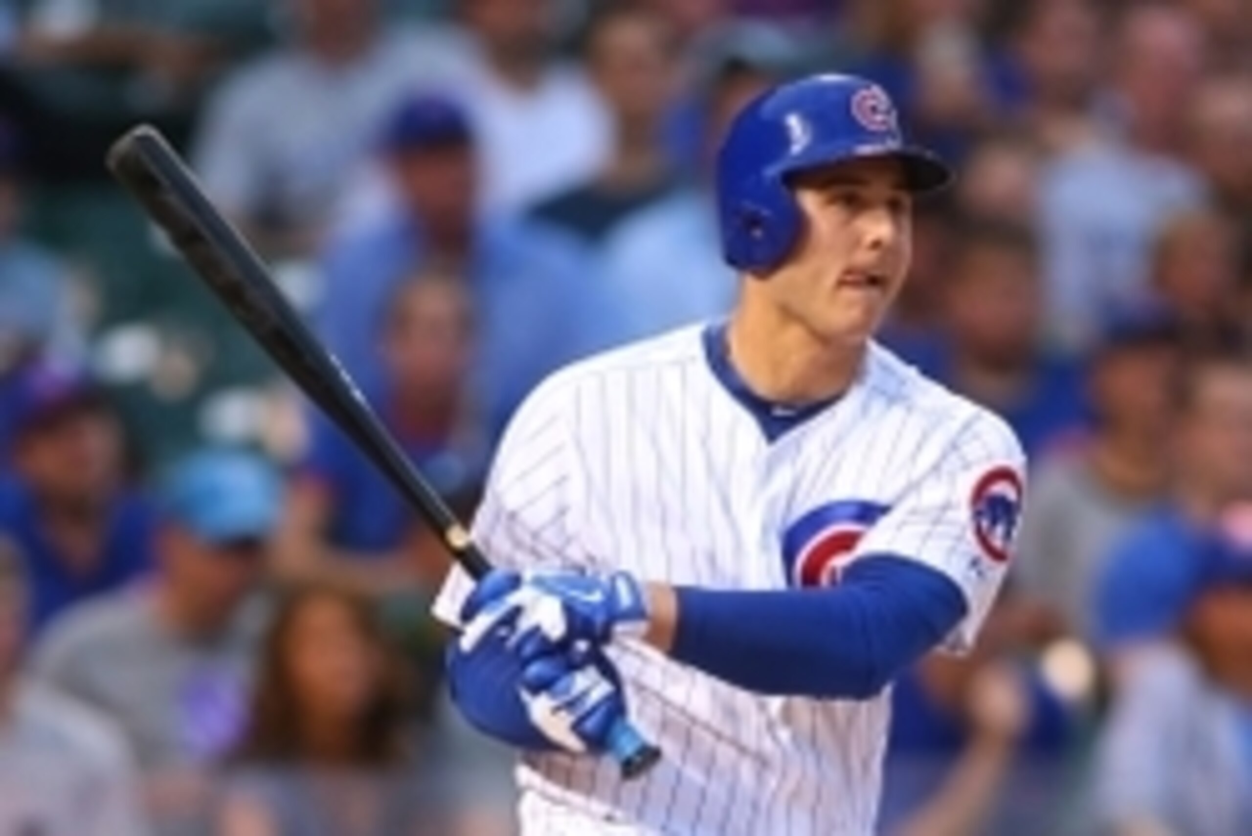 Jun 22, 2015; Chicago, IL, USA; Chicago Cubs first baseman Anthony Rizzo (44) hits a single during the first inning against the Los Angeles Dodgers at Wrigley Field. Mandatory Credit: Caylor Arnold-USA TODAY Sports