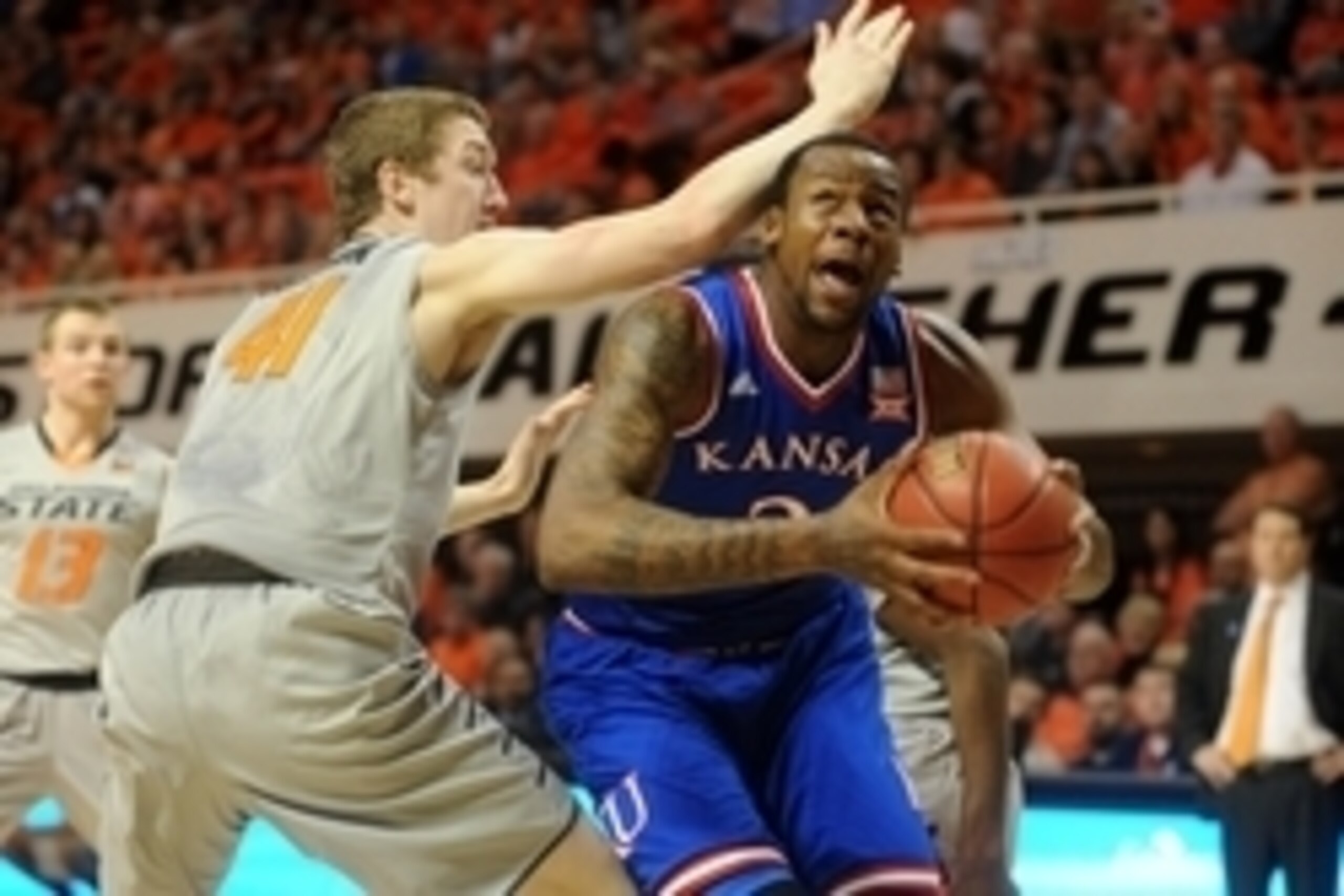 Feb 7, 2015; Stillwater, OK, USA; Kansas Jayhawks forward Cliff Alexander (2) attempts a shot against Oklahoma State Cowboys forward/center Mitchell Solomon (41) during the first half at Gallagher-Iba Arena. Mandatory Credit: Mark D. Smith-USA TODAY Sport