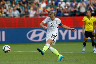 EDMONTON, AB - JUNE 22:  Abby Wambach #20 of the United States misses on a penalty kick in the second half against Colombia n the FIFA Women's World Cup 2015 Round of 16 match at Commonwealth Stadium on June 22, 2015 in Edmonton, Canada.  (Photo by Todd K