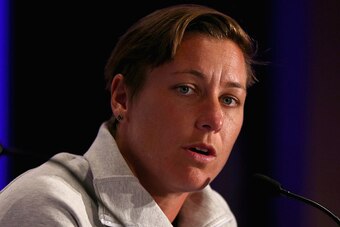 NEW YORK, NY - MAY 27:  Abby Wambach answers questions during the United States Women's World Cup Media Day at Marriott Marquis Hotel on May 27, 2015 in New York City.  (Photo by Elsa/Getty Images)