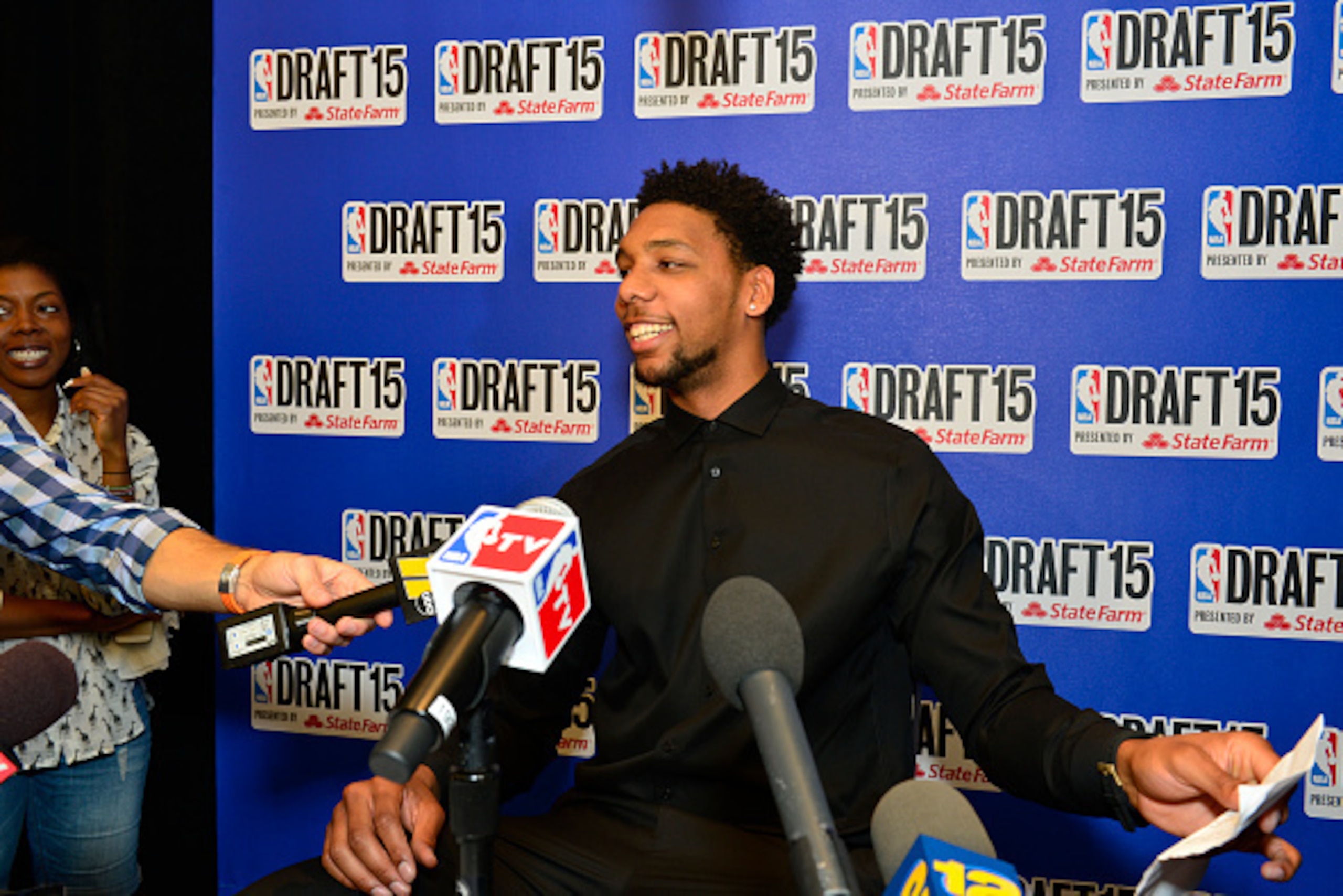 NEW YORK - JUNE 24: NBA Draft Prospect, Jahlil Okafor speaks to the media during media availability as part of the 2015 NBA Draft on June 24, 2015 at the Westin Times Square in New York City. NOTE TO USER: User expressly acknowledges and agrees that, by d