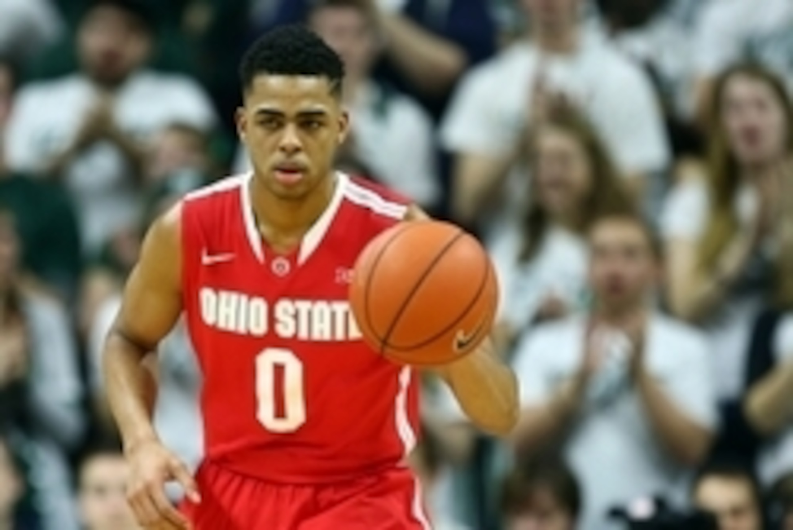 Feb 14, 2015; East Lansing, MI, USA;  Ohio State Buckeyes guard D'Angelo Russell (0) brings the ball up court during the 1st half of a game at the Jack Breslin Student Events Center. Mandatory Credit: Mike Carter-USA TODAY Sports