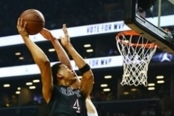Apr 17, 2015; Brooklyn, NY, USA; East Team center Skal Labissiere (4) goes up for a shot over a West Team player in the second half during the Jordan Brand Classic at Barclays Center. The West defeated the East 118-116. Mandatory Credit: Andy Marlin-USA T