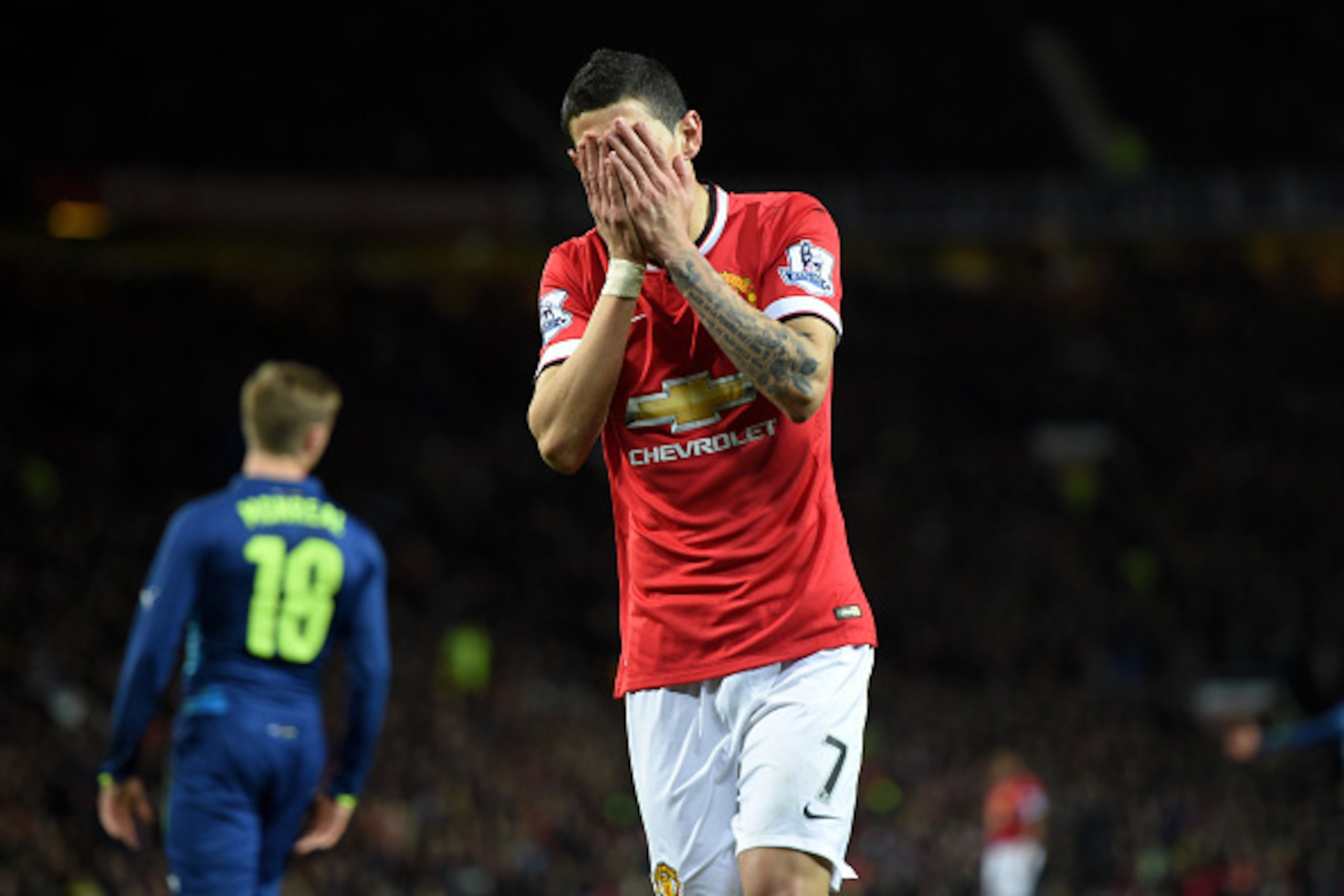 MANCHESTER, ENGLAND - MARCH 09:  Angel di Maria of Manchester United reacts during the FA Cup Quarter Final match between Manchester United and Arsenal at Old Trafford on March 9, 2015 in Manchester, England.  (Photo by Michael Regan/Getty Images)