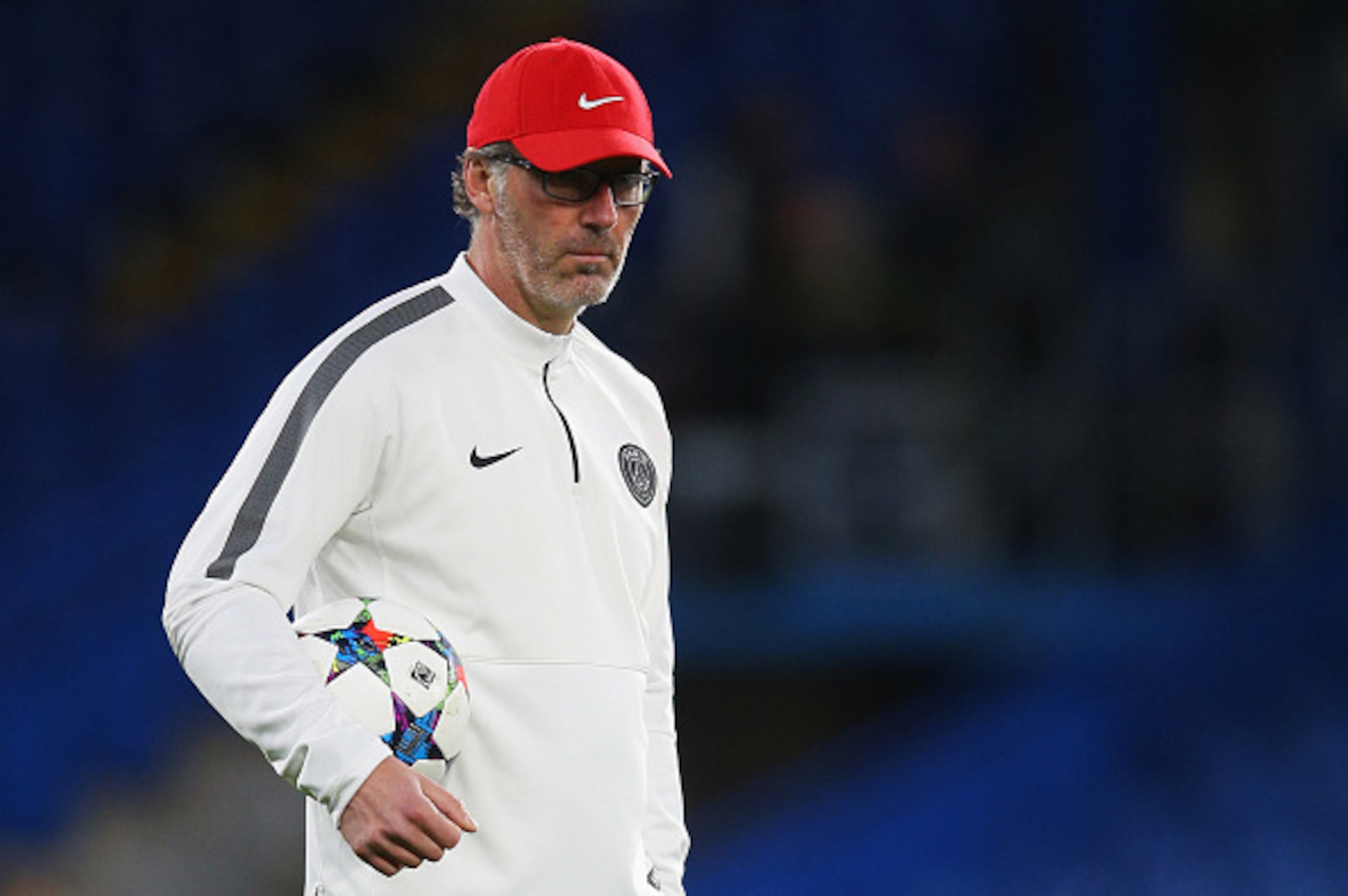 LONDON, ENGLAND - MARCH 10:  Laurent Blanc manager of Paris Saint-Germain looks on during a Paris Saint-Germain training session ahead of the UEFA Champions League Round of 16 second leg match against at Chelsea at Stamford Bridge on March 10, 2015 in Lon