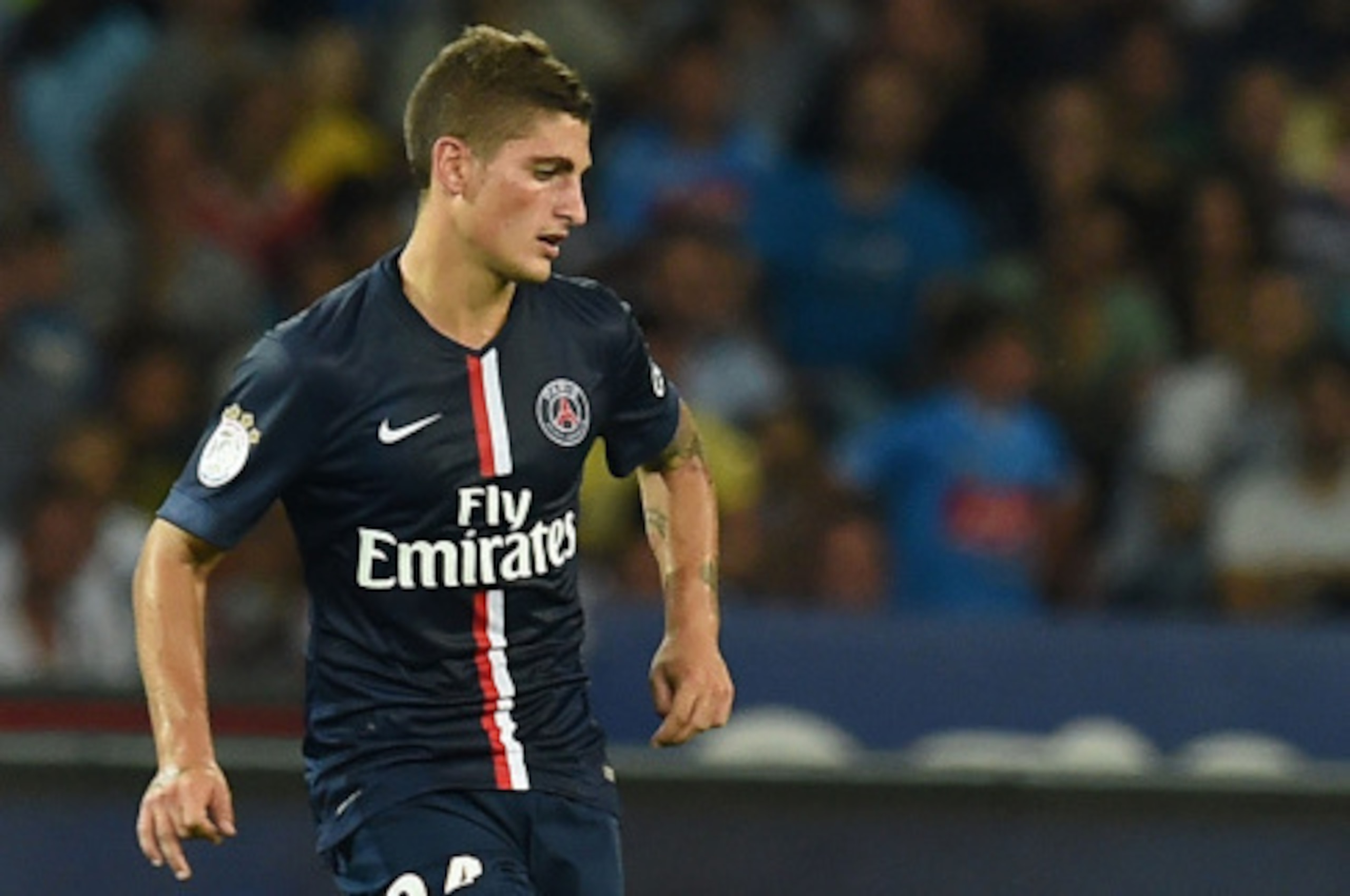 NAPLES, ITALY - AUGUST 11:  Marco Verratti of Paris Saint Germain in action during the pre-season friendly match between SSC Napoli and Paris Saint-Germain FC at Stadio San Paolo on August 11, 2014 in Naples, Italy.  (Photo by Giuseppe Bellini/Getty Image