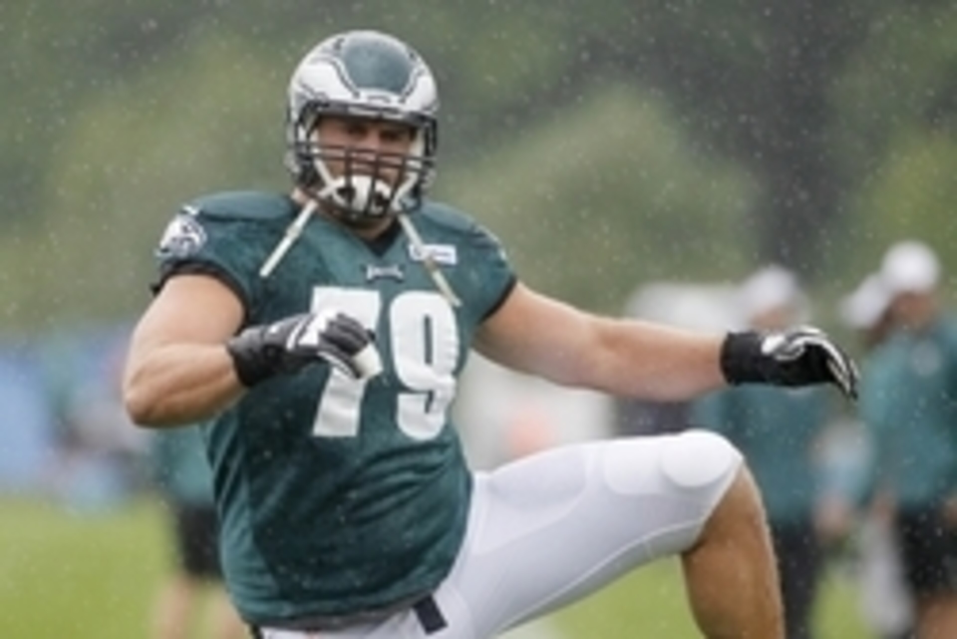 Aug 13, 2014; Foxborough, MA, USA; Philadelphia Eagles guard Todd Herremans (79) warms up during a joint practice with the New England Patriots at the Patriots practice Fields. Mandatory Credit: Stew Milne-USA TODAY Sports