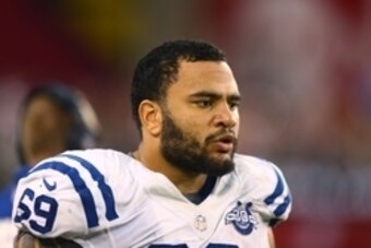 Nov 24, 2013; Phoenix, AZ, USA; Indianapolis Colts guard Hugh Thornton (69) against the Arizona Cardinals at University of Phoenix Stadium. The Cardinals defeated the Colts 40-11. Mandatory Credit: Mark J. Rebilas-USA TODAY Sports