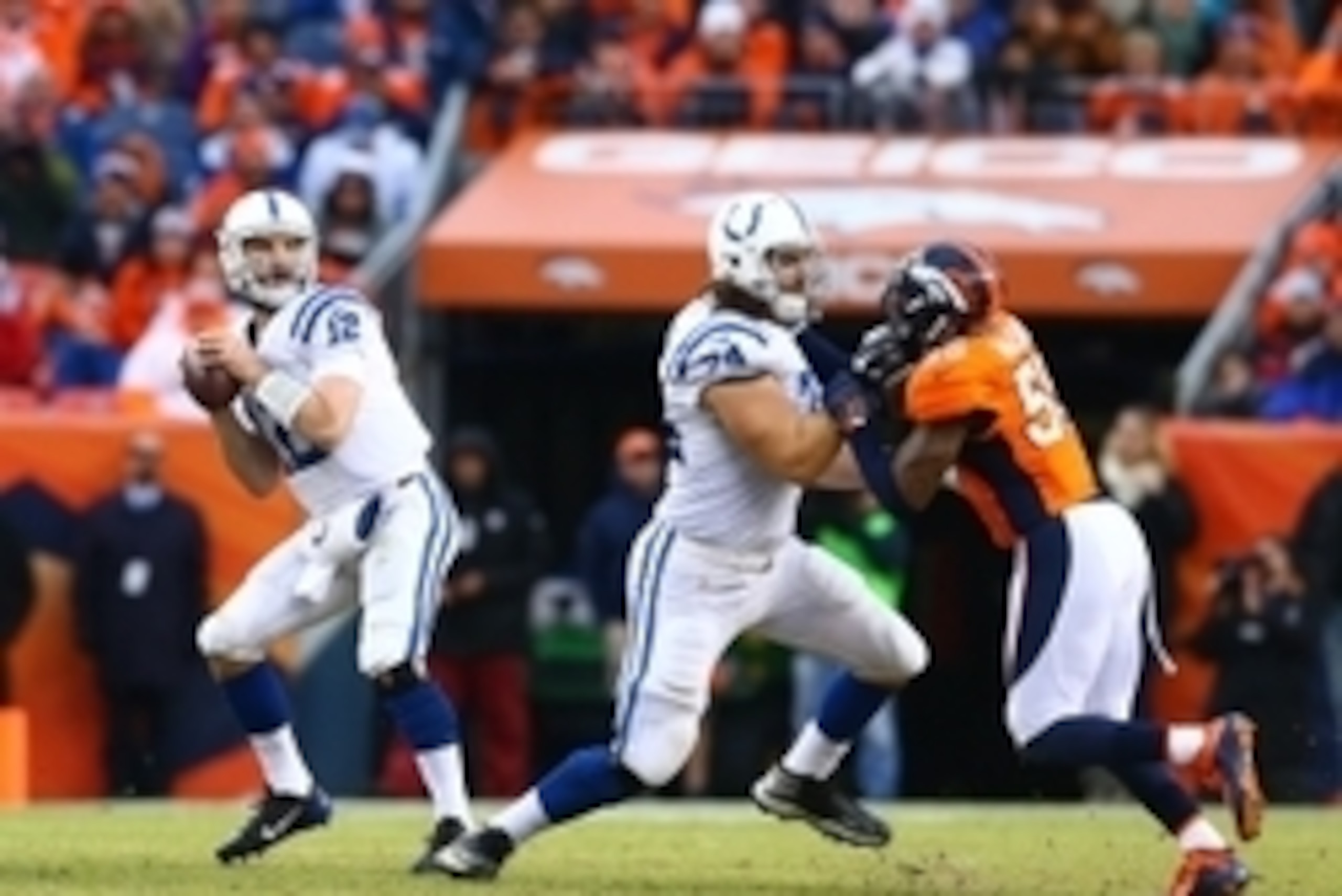Jan 11, 2015; Denver, CO, USA; Indianapolis Colts quarterback Andrew Luck (12) drops back to pass as tackle Anthony Castonzo (74) blocks Denver Broncos linebacker Lerentee McCray (55) in the 2014 AFC Divisional playoff football game at Sports Authority Fi