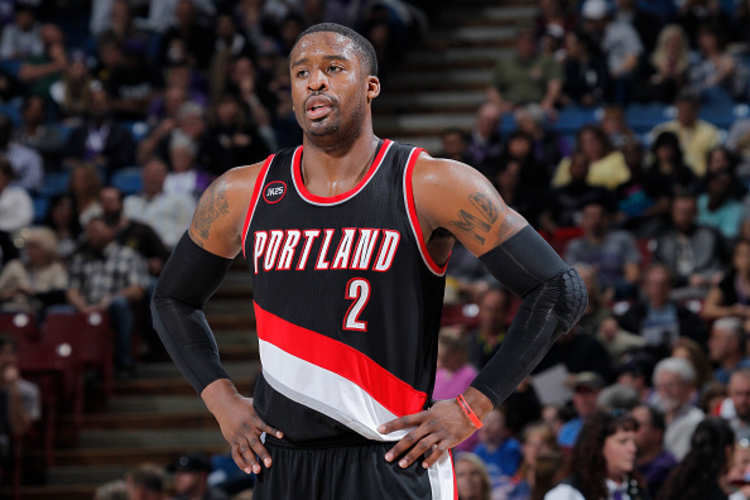 SACRAMENTO, CA - MARCH 1: Wesley Matthews #2 of the Portland Trail Blazers looks on during the game against the Sacramento Kings on March 1, 2015 at Sleep Train Arena in Sacramento, California. NOTE TO USER: User expressly acknowledges and agrees that, by