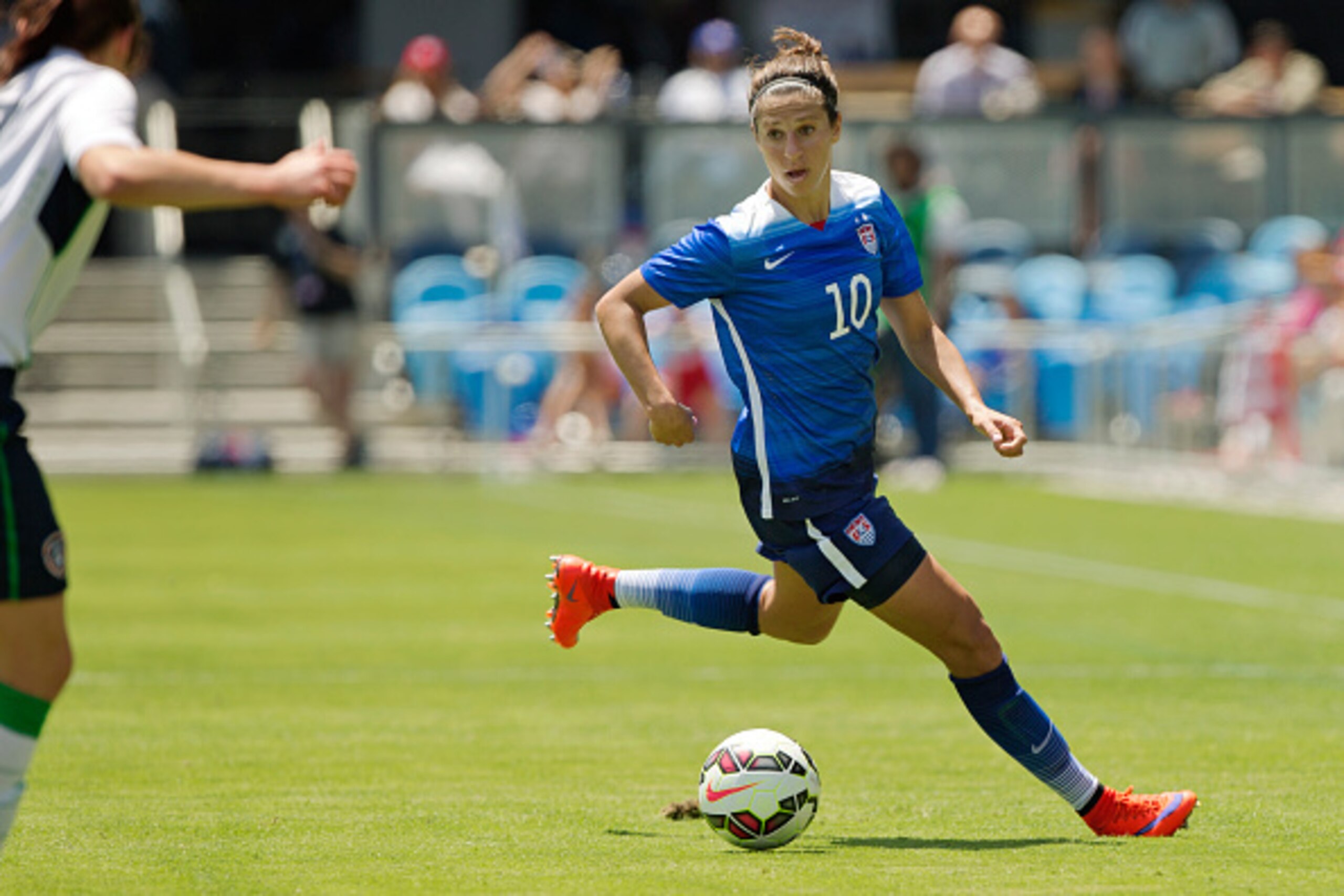 SAN JOSE, CA - MAY 10:  Carli Lloyd #10 of the United States looks for an opening against Ireland in the first half of their international friendly match on May 10, 2015 at Avaya Stadium in San Jose, California.  The U.S. won 3-0.  (Photo by Brian Bahr/Ge