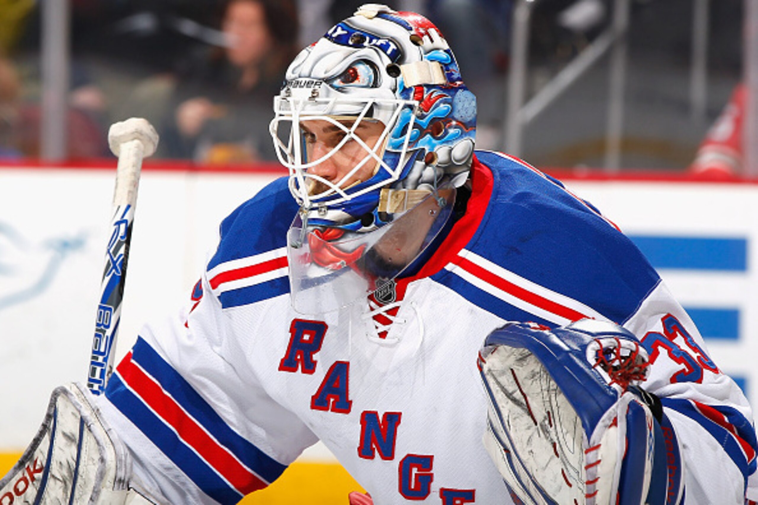 NEWARK, NJ - APRIL 07: Cam Talbot #33 of the New York Rangers looks on against the New Jersey Devils during the game at the Prudential Center on April 7, 2015 in Newark, New Jersey. (Photo by Andy Marlin/NHLI via Getty Images)