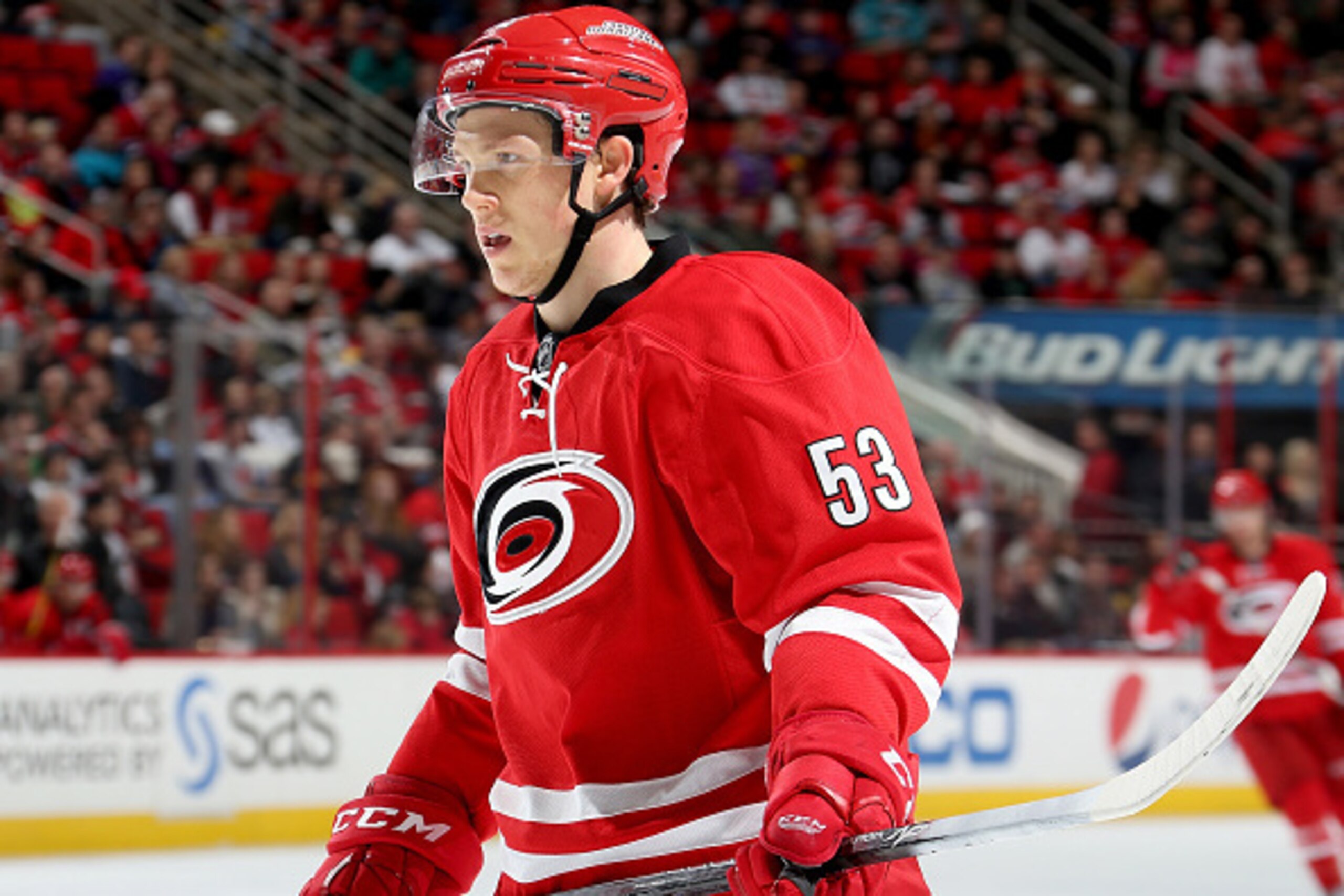 RALEIGH, NC - DECEMBER 29: Jeff Skinner #53 of the Carolina Hurricanes skates for position on the ice prior to a faceoff against the Montreal Canadiens during their NHL game at PNC Arena on December 29, 2014 in Raleigh, North Carolina.  (Photo by Gregg Fo