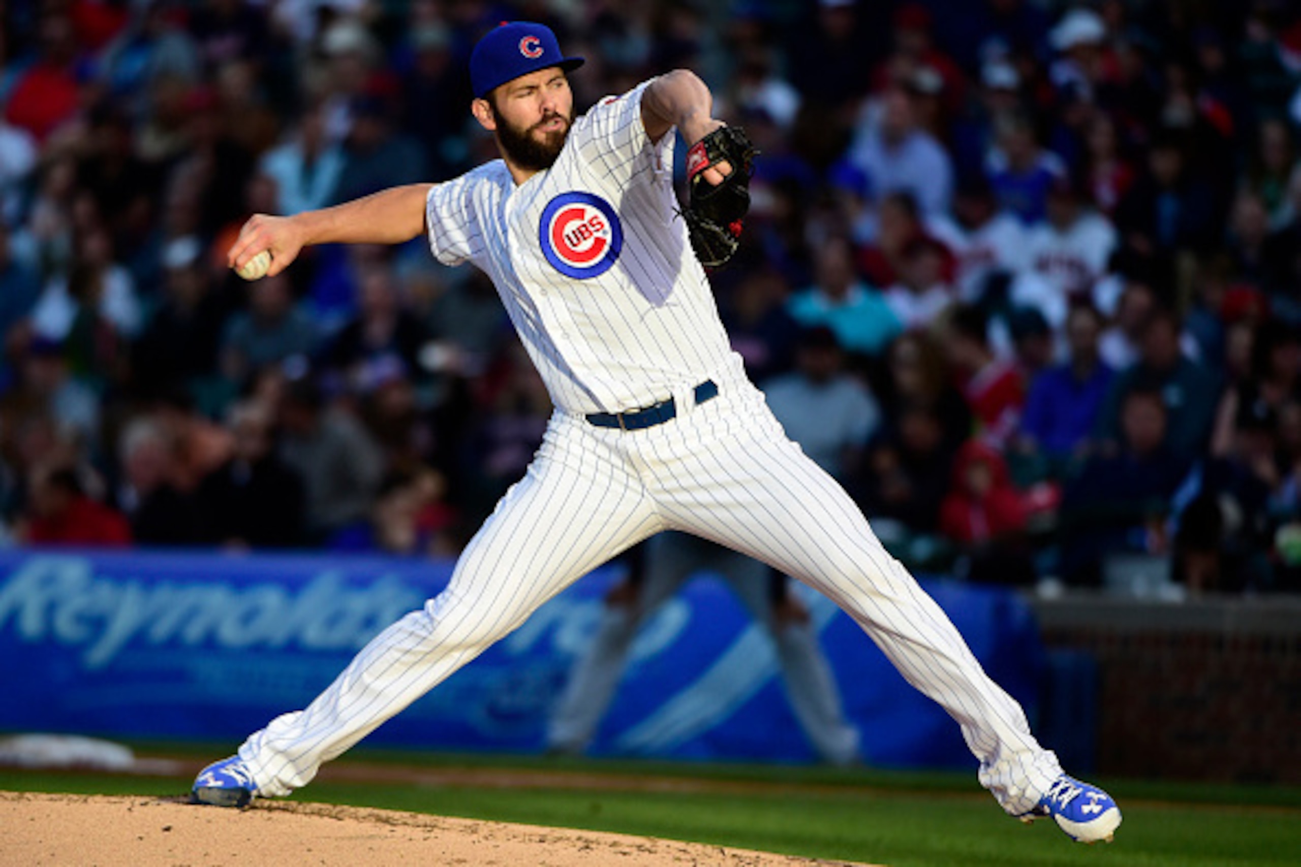 CHICAGO, IL - JUNE 16:  Jake Arrieta #49 of the Chicago Cubs pitches against the Cleveland Indians during the second inning on June 16,  2015 at Wrigley Field in Chicago, Illinois. (Photo by David Banks/Getty Images)