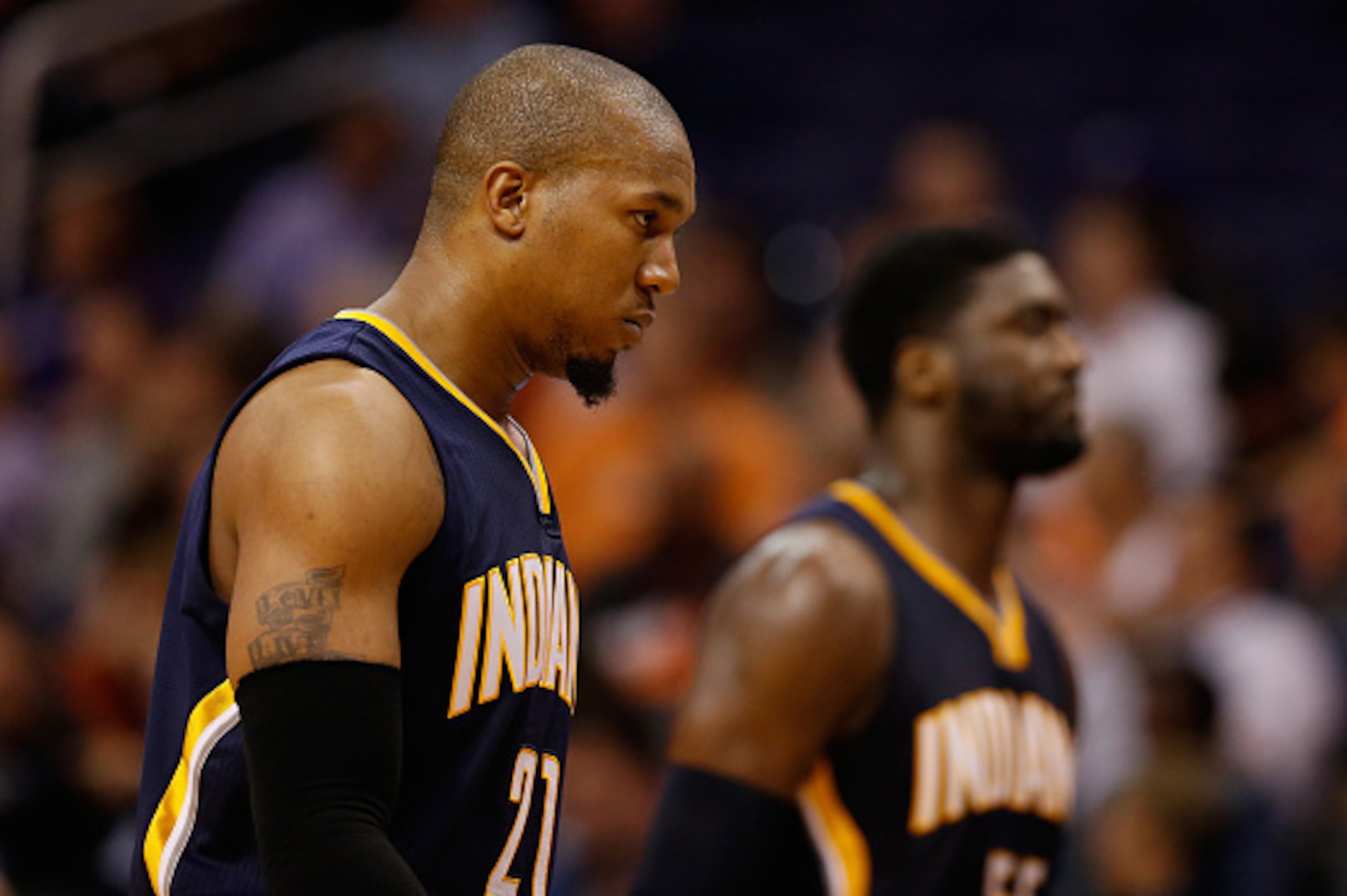 PHOENIX, AZ - DECEMBER 02:  David West #21 and Roy Hibbert #55 of the Indiana Pacers check out of the NBA game late in the fourth quarter against the Phoenix Suns at US Airways Center on December 2, 2014 in Phoenix, Arizona.  NOTE TO USER: User expressly 
