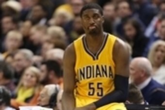 Mar 23, 2015; Indianapolis, IN, USA; Indiana Pacers center Roy Hibbert (55) waits to check into the game against the Houston Rockets at Bankers Life Fieldhouse. Houston defeats Indiana 110-100. Mandatory Credit: Brian Spurlock-USA TODAY Sports