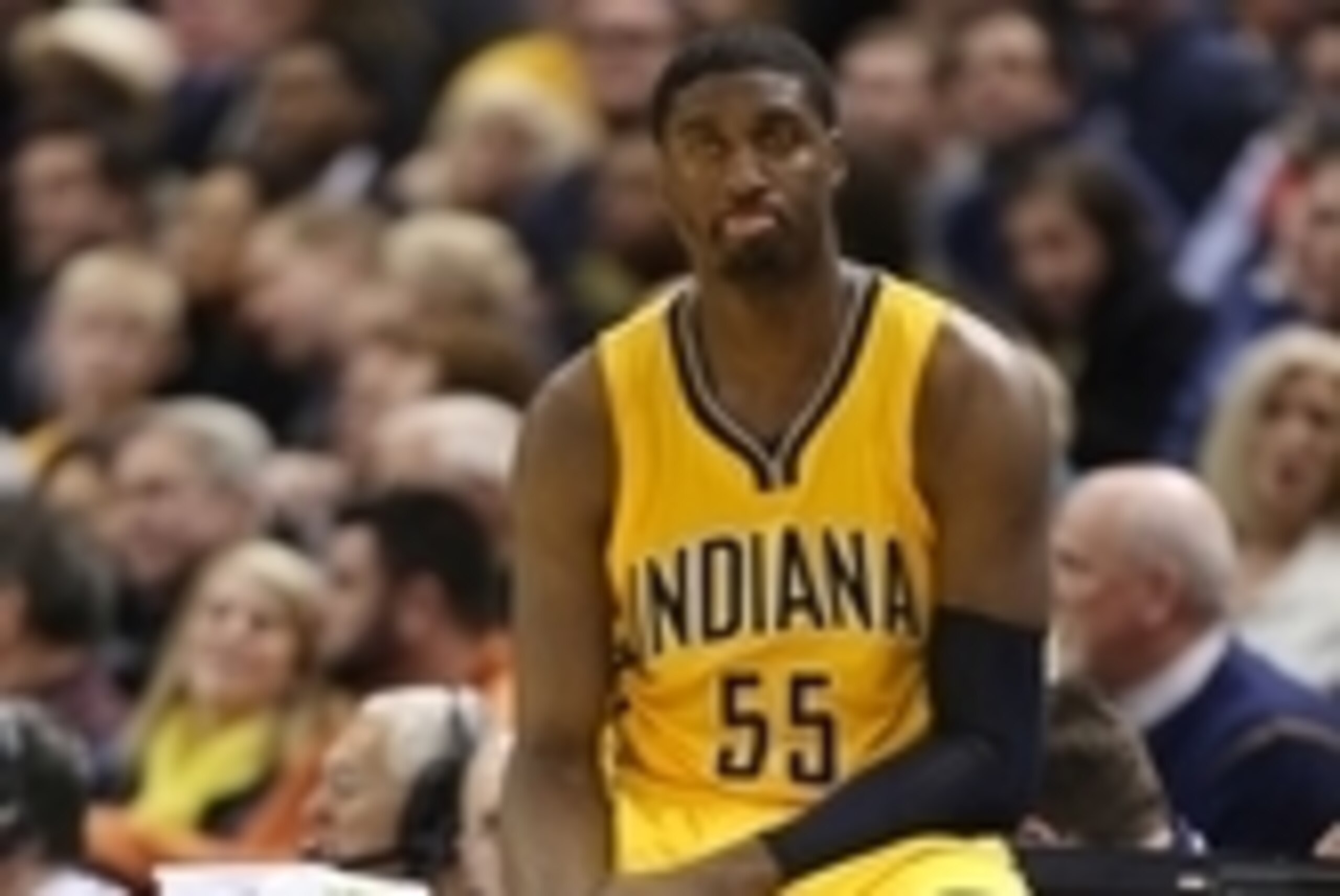 Mar 23, 2015; Indianapolis, IN, USA; Indiana Pacers center Roy Hibbert (55) waits to check into the game against the Houston Rockets at Bankers Life Fieldhouse. Houston defeats Indiana 110-100. Mandatory Credit: Brian Spurlock-USA TODAY Sports