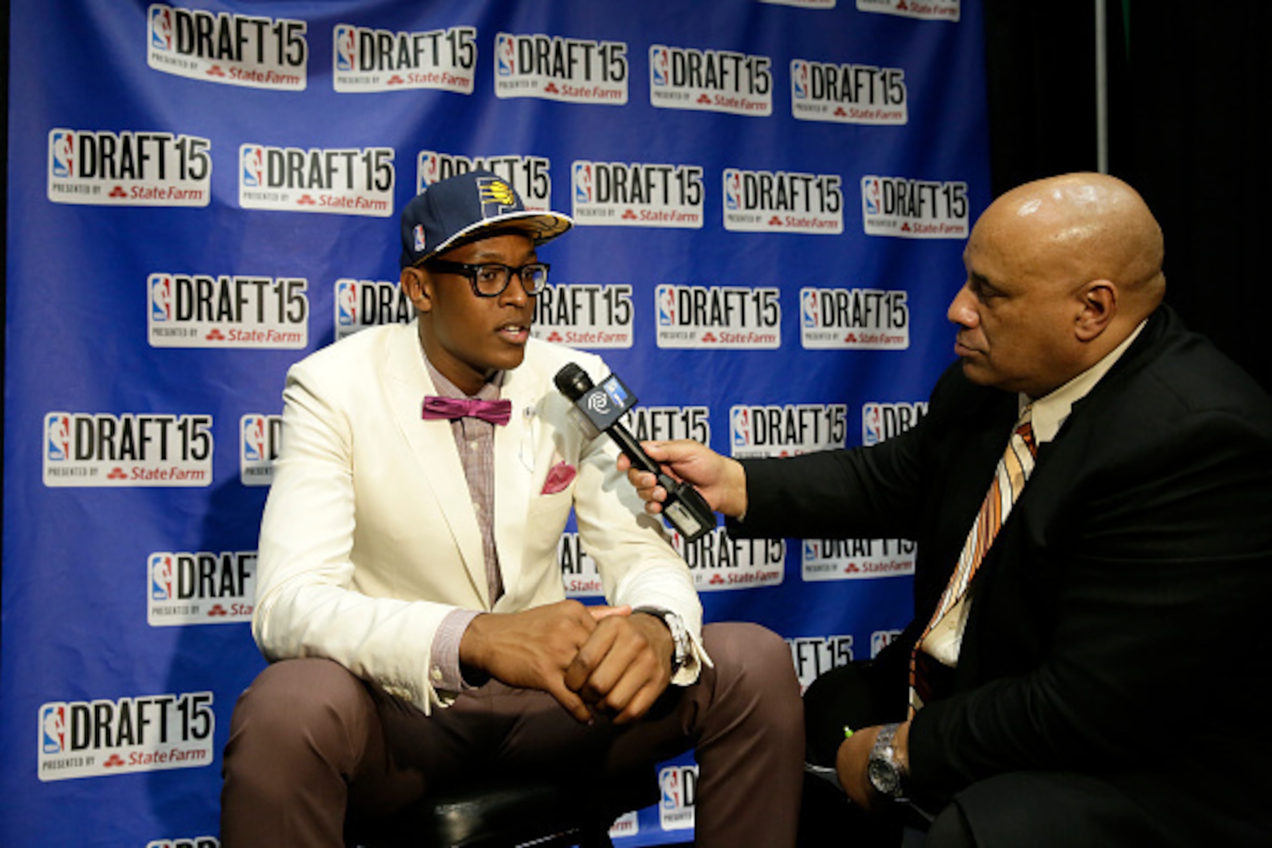 BROOKLYN, NY - JUNE 25: Myles Turner speaks to the media after being selected number eleven overall by the Indiana Pacers during the 2015 NBA Draft on June 25, 2015 at Barclays Center in Brooklyn, New York. NOTE TO USER: User expressly acknowledges and ag