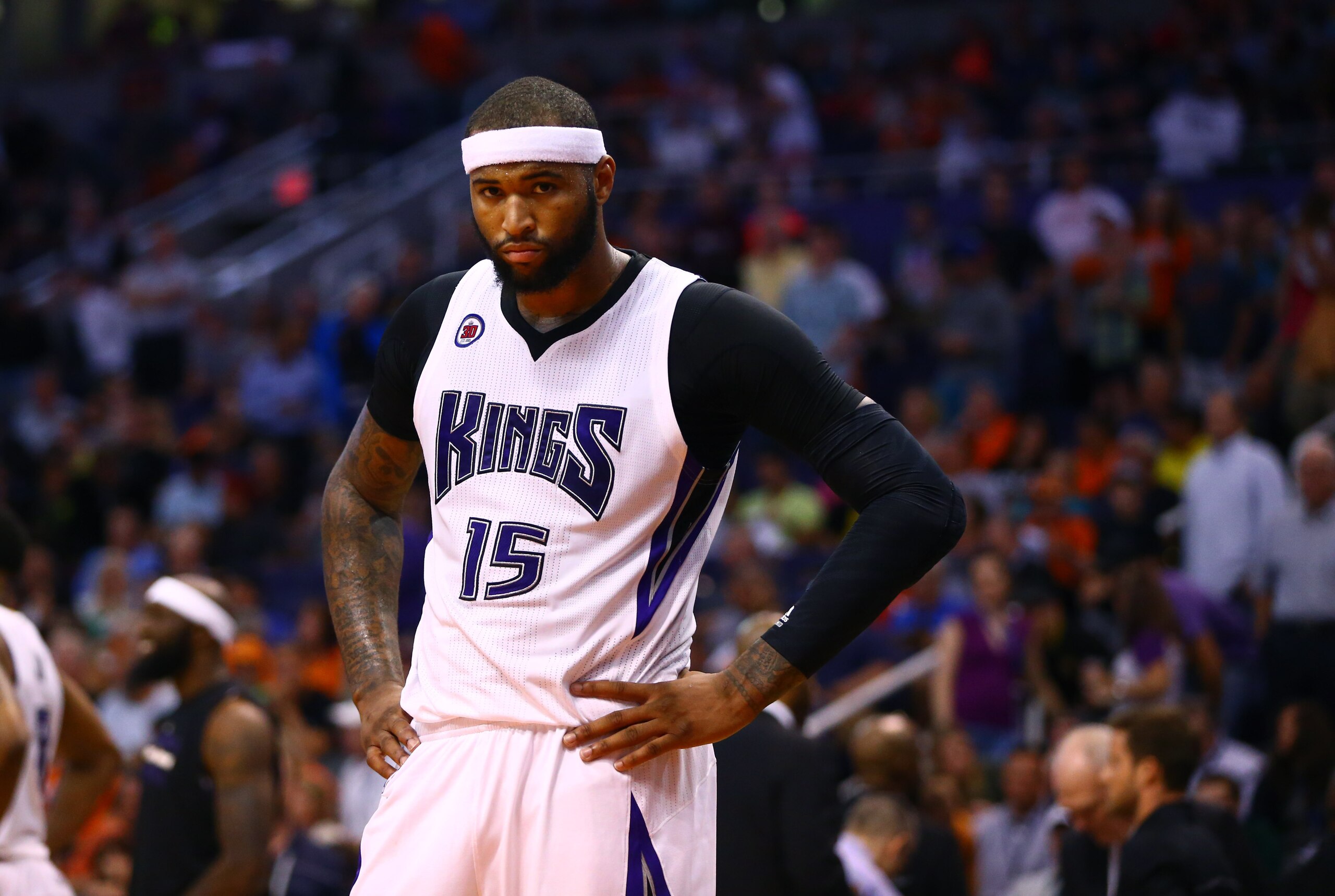 Mar 25, 2015; Phoenix, AZ, USA; Sacramento Kings center DeMarcus Cousins (15) against the Phoenix Suns at US Airways Center. The Kings defeated the Suns 108-99. Mandatory Credit: Mark J. Rebilas-USA TODAY Sports