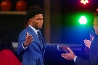 Jun 25, 2015; Brooklyn, NY, USA; Justise Winslow (Duke) reacts after being selected as the number ten overall pick to the Miami Heat in the first round of the 2015 NBA Draft at Barclays Center. Mandatory Credit: Brad Penner-USA TODAY Sports