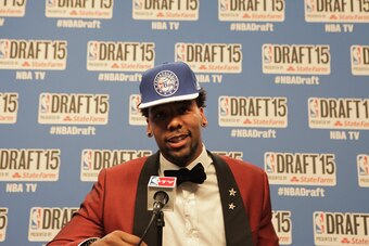 BROOKLYN, NY - JUNE 25:  Jahlil Okafor, the third overall pick of the NBA Draft by the Philadelphia 76ers, speaks at a press conference during the 2015 NBA Draft on June 25, 2015 at Barclays Center in Brooklyn, New York. NOTE TO USER: User expressly ackno