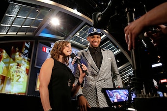 BROOKLYN, NY - JUNE 25: Karl-Anthony Towns is interviewed after being selected number one overall by the Minnesota Timberwolves during the 2015 NBA Draft on June 25, 2015 at Barclays Center in Brooklyn, New York. NOTE TO USER: User expressly acknowledges 