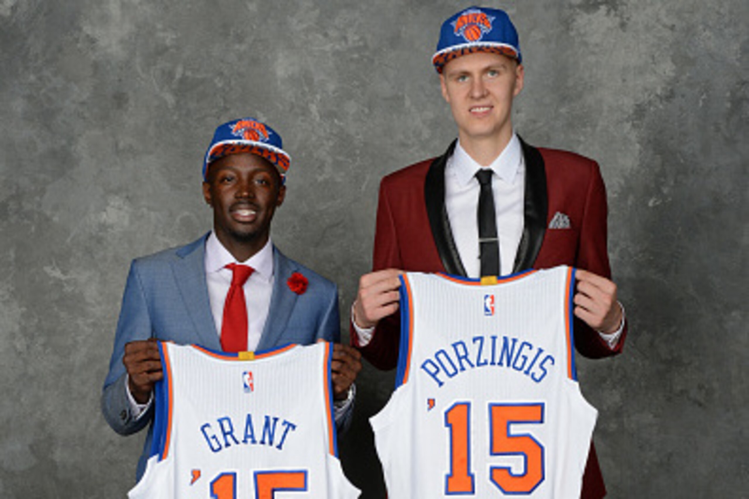 BROOKLYN, NY - JUNE 25:  Kristaps Porzingis and Jerian Grant pose for a portrait after being drafted by the New York Knicks during the 2015 NBA Draft at the Barclays Center on June 25, 2015 in the Brooklyn borough of New York City. NOTE TO USER: User expr