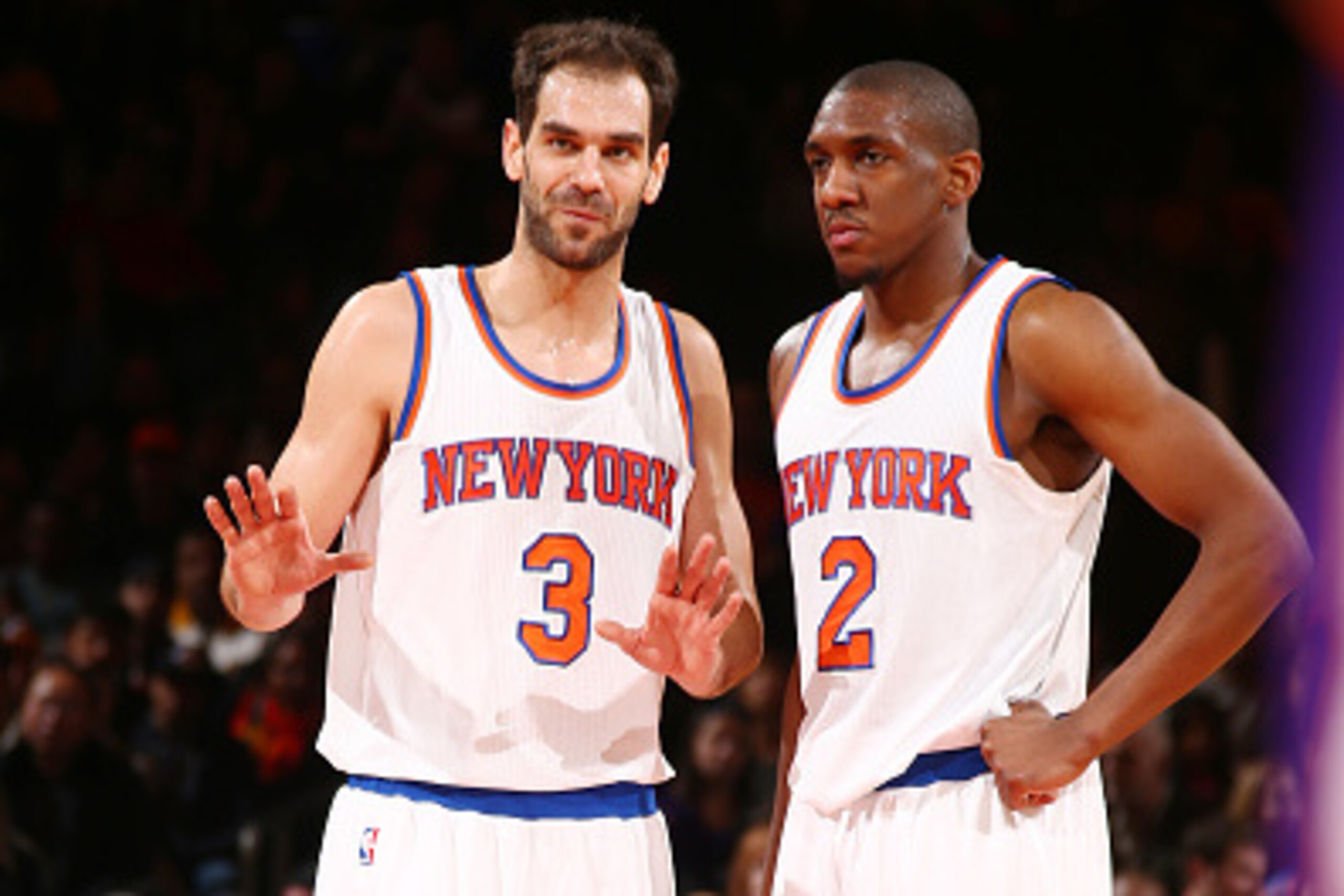 NEW YORK, NY -  FEBRUARY 2: Jose Calderon #3 talks to teammates Langston Galloway #2 of the New York Knicks during the game against the Los Angeles Lakers on February 2, 2015 at Madison Square Garden in New York, New York . NOTE TO USER: User expressly ac
