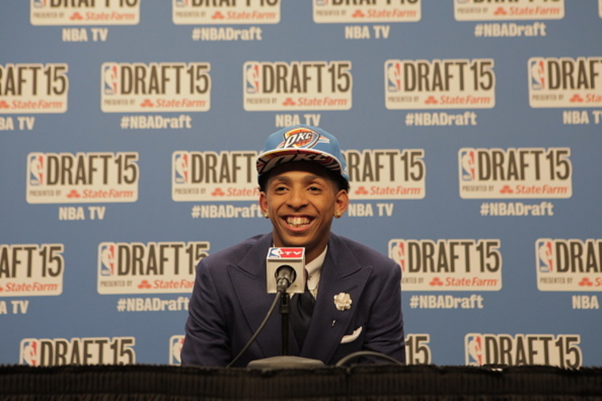 BROOKLYN, NY - JUNE 25:  Cameron Payne, the fourteenth overall pick of the NBA Draft by the Oklahoma City Thunder, speaks at a press conference during the 2015 NBA Draft on June 25, 2015 at Barclays Center in Brooklyn, New York. NOTE TO USER: User express
