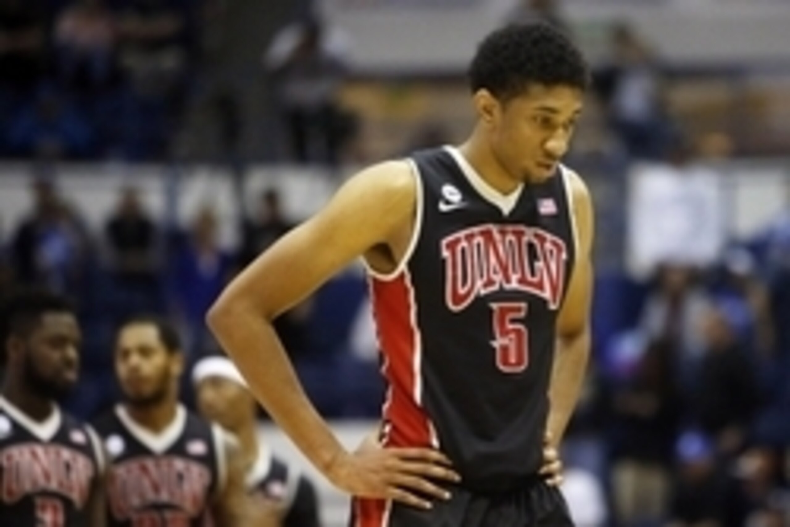 Feb 14, 2015; Colorado Springs, CO, USA; UNLV Rebels forward Christian Wood (5) reacts during the second half against the Air Force Falcons at Clune Arena. The Falcons won 76-75. Mandatory Credit: Chris Humphreys-USA TODAY Sports