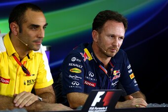 KUALA LUMPUR, MALAYSIA - MARCH 27:  Infiniti Red Bull Racing Team Principal Christian Horner and Renault's Cyril Abiteboul attend a press conference following practice for the Malaysia Formula One Grand Prix at Sepang Circuit on March 27, 2015 in Kuala Lu
