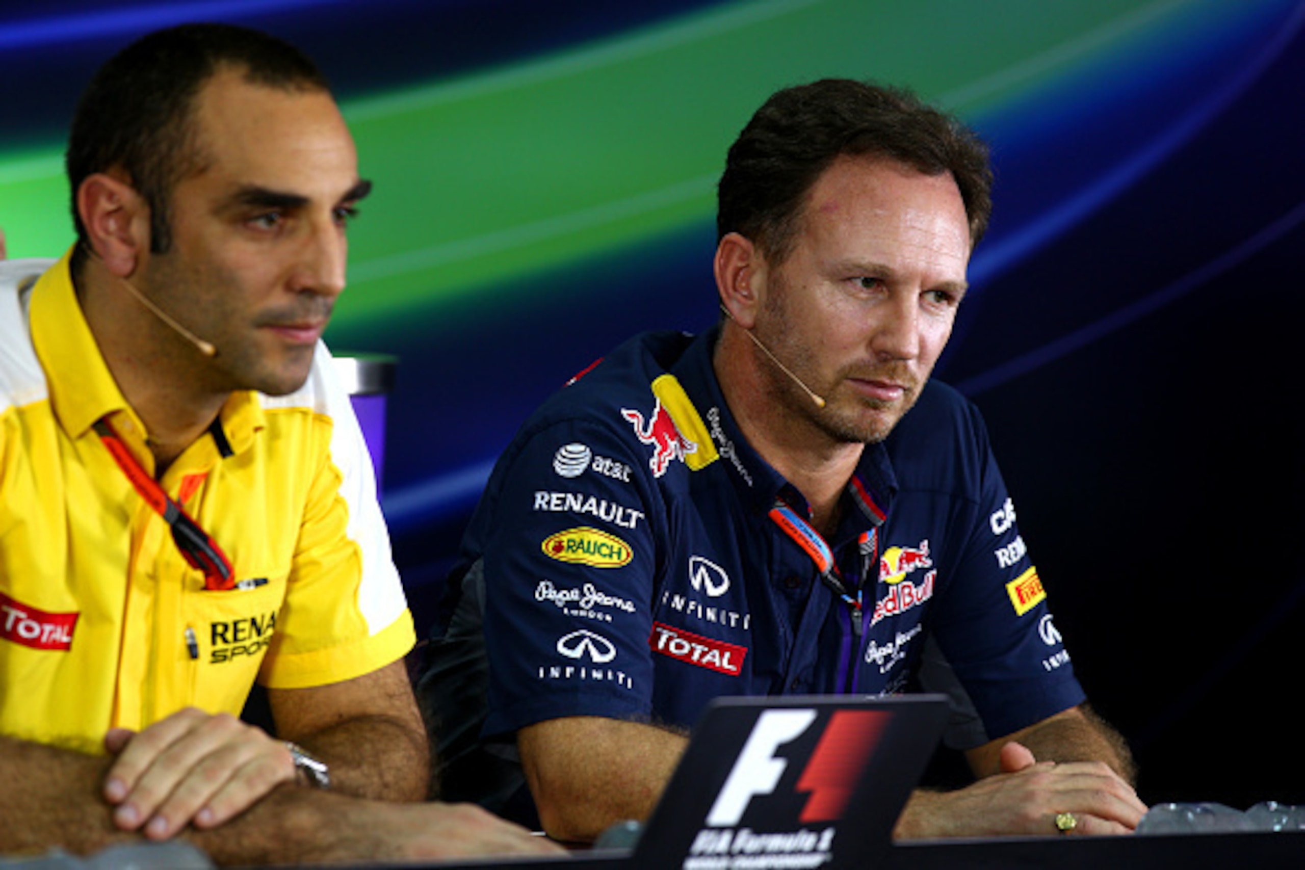 KUALA LUMPUR, MALAYSIA - MARCH 27:  Infiniti Red Bull Racing Team Principal Christian Horner and Renault's Cyril Abiteboul attend a press conference following practice for the Malaysia Formula One Grand Prix at Sepang Circuit on March 27, 2015 in Kuala Lu