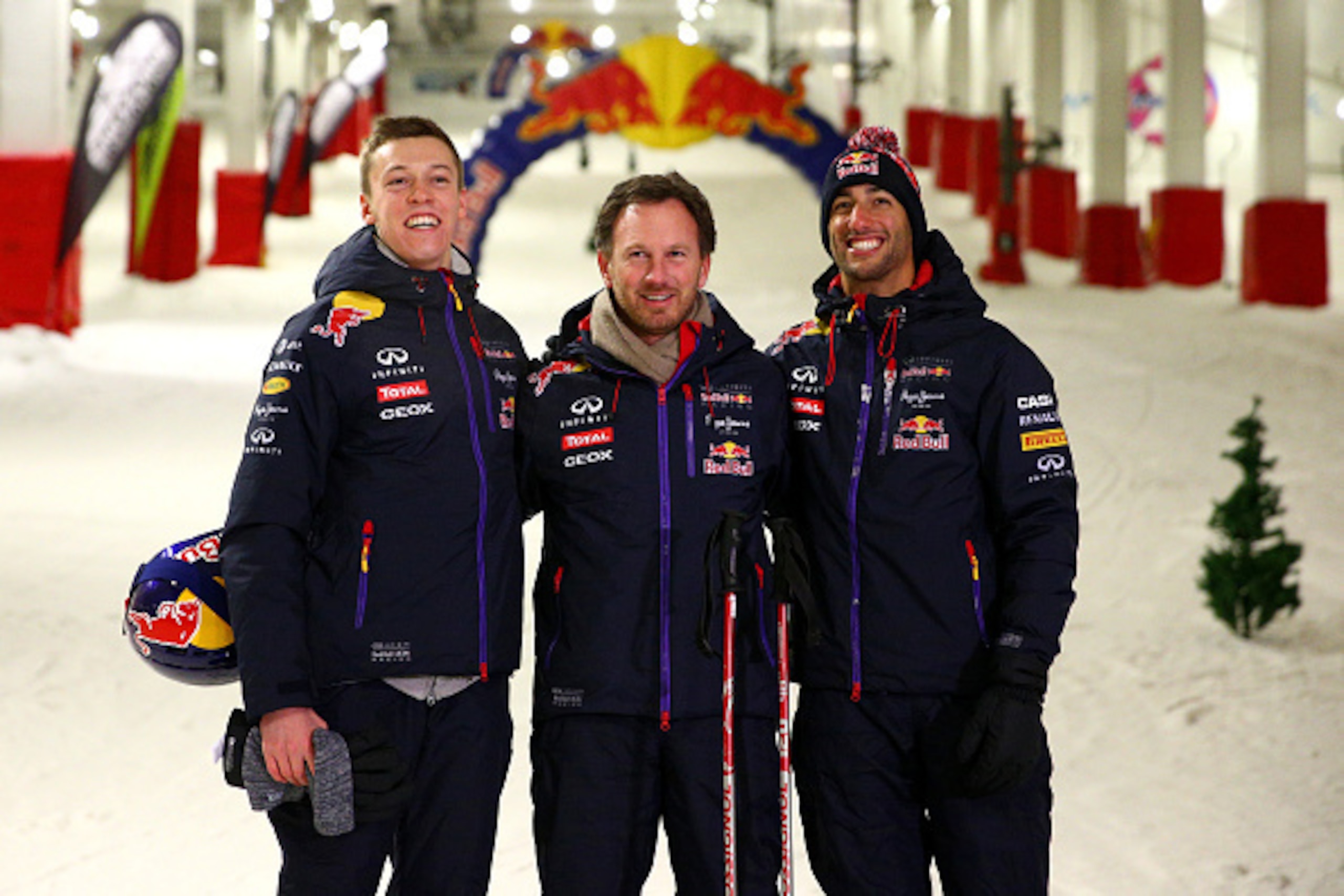 MILTON KEYNES, ENGLAND - JANUARY 27:  Infiniti Red Bull Racing Team Principal Christian Horner poses with Daniel Ricciardo of Australia and Infiniti Red Bull Racing and Daniil Kvyat of Russia and Infiniti Red Bull Racing during the Red Bull Racing - Meet 