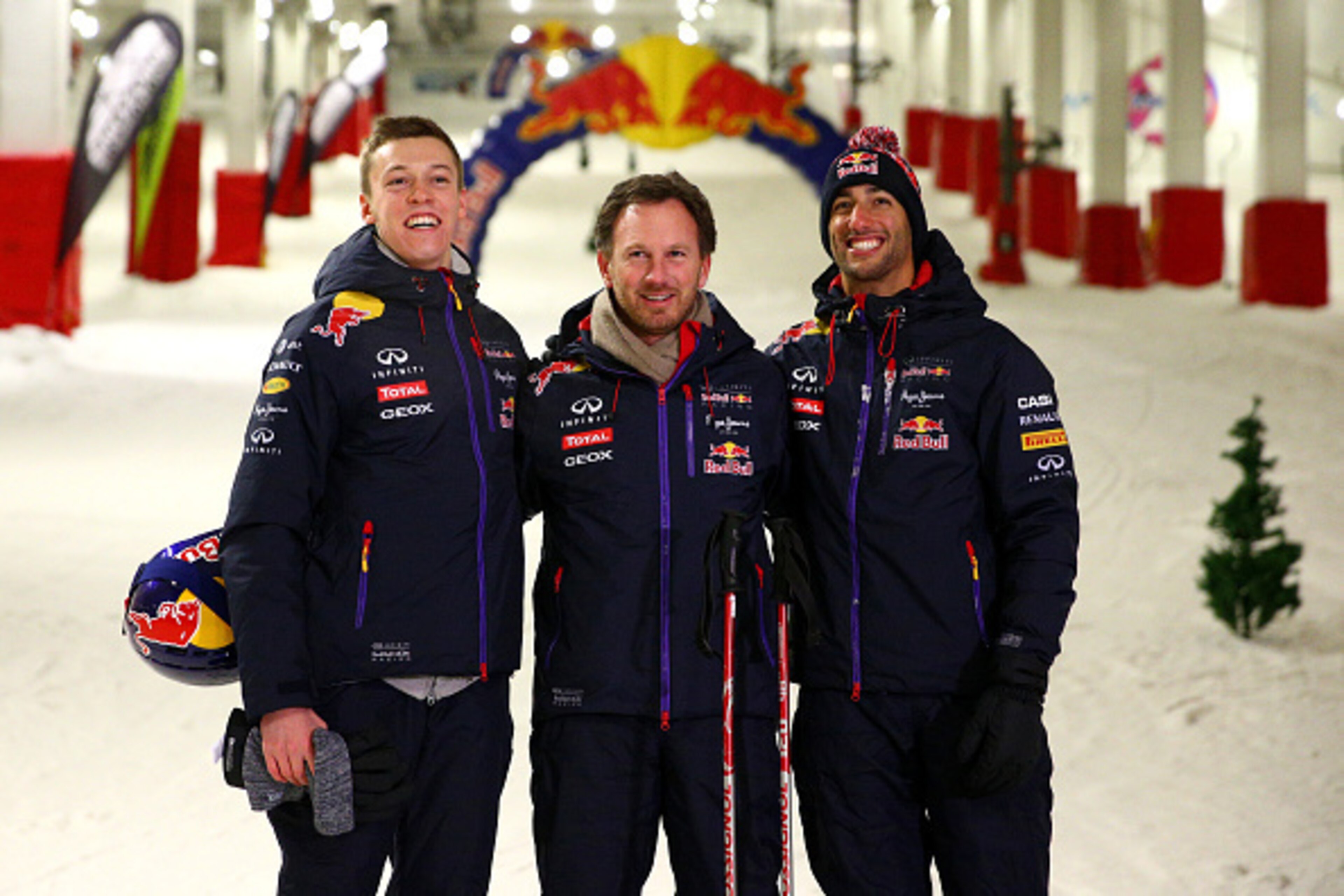 MILTON KEYNES, ENGLAND - JANUARY 27:  Infiniti Red Bull Racing Team Principal Christian Horner poses with Daniel Ricciardo of Australia and Infiniti Red Bull Racing and Daniil Kvyat of Russia and Infiniti Red Bull Racing during the Red Bull Racing - Meet 