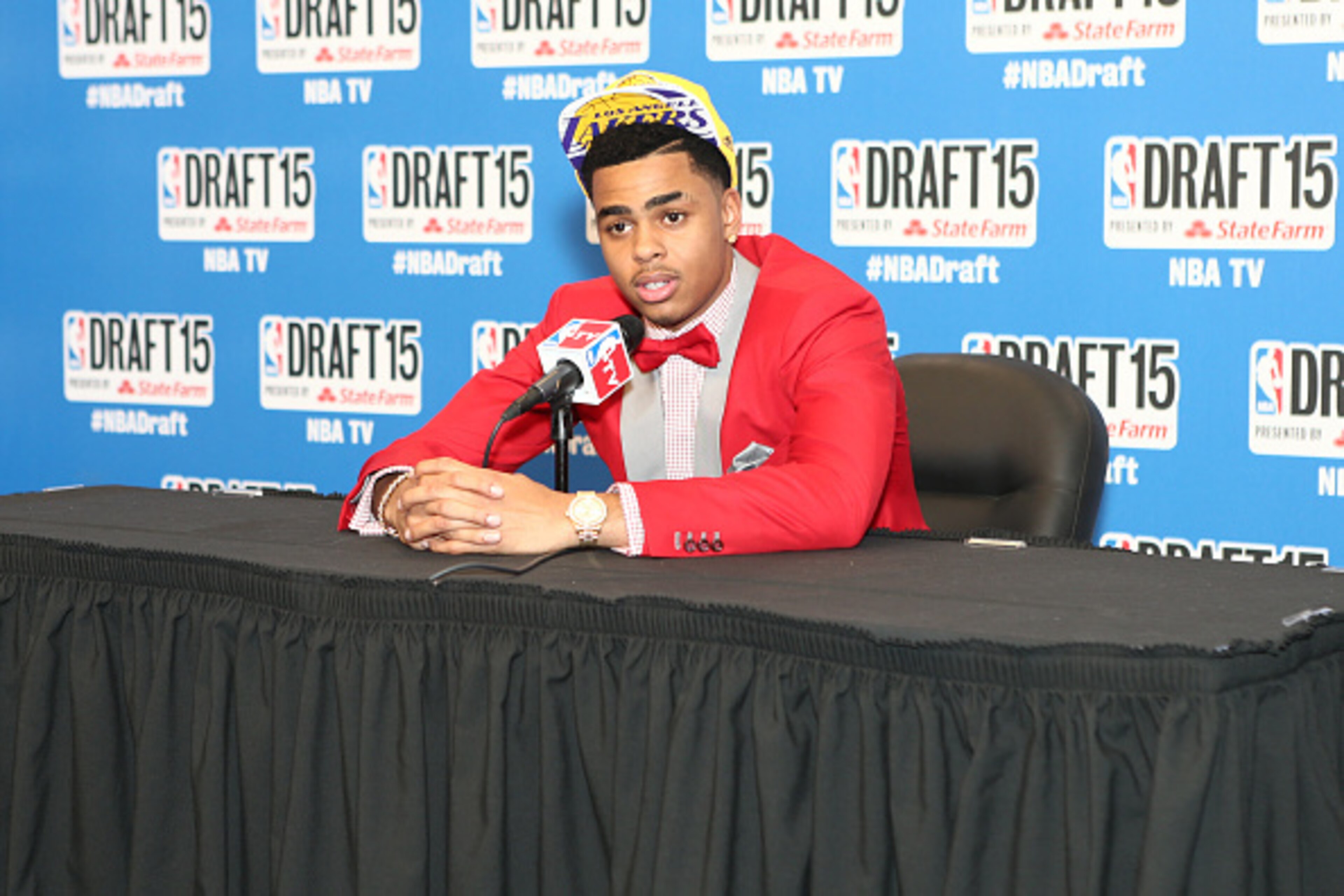 BROOKLYN, NY - JUNE 25:  D'Angelo Russell, the second overall pick of the Los Angeles Lakers, talks to the media during the 2015 NBA Draft on June 25, 2015 at Barclays Center in Brooklyn, New York. NOTE TO USER: User expressly acknowledges and agrees that