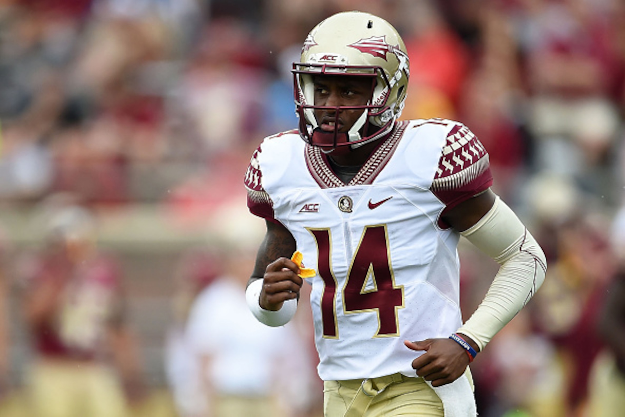 TALLAHASSEE, FL - APRIL 11:  De'Andre Johnson #14 of the Gold team runs to the sideline following a rushing touchdown against the Garnet team during Florida State's Garnet and Gold spring game at Doak Campbell Stadium on April 11, 2015 in Tallahassee, Flo