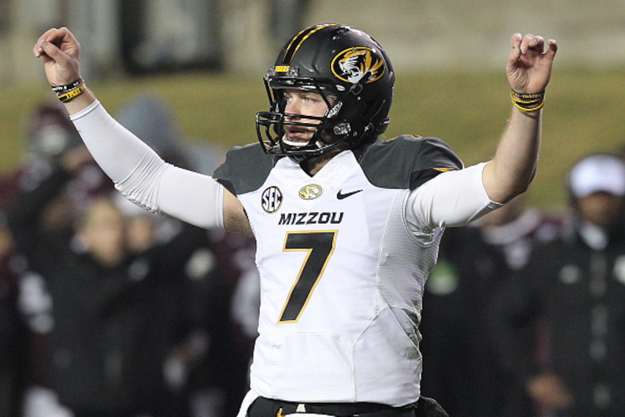 HOUSTON, TX - NOVEMBER 15: Maty Mauk #7 of the Missouri Tigers calls an audible against the Texas A&M Aggies in the first half of an NCAA football game on November 15, 2014 at Kyle Field in College Station, Texas. (Photo by Thomas B. Shea/Getty Images)