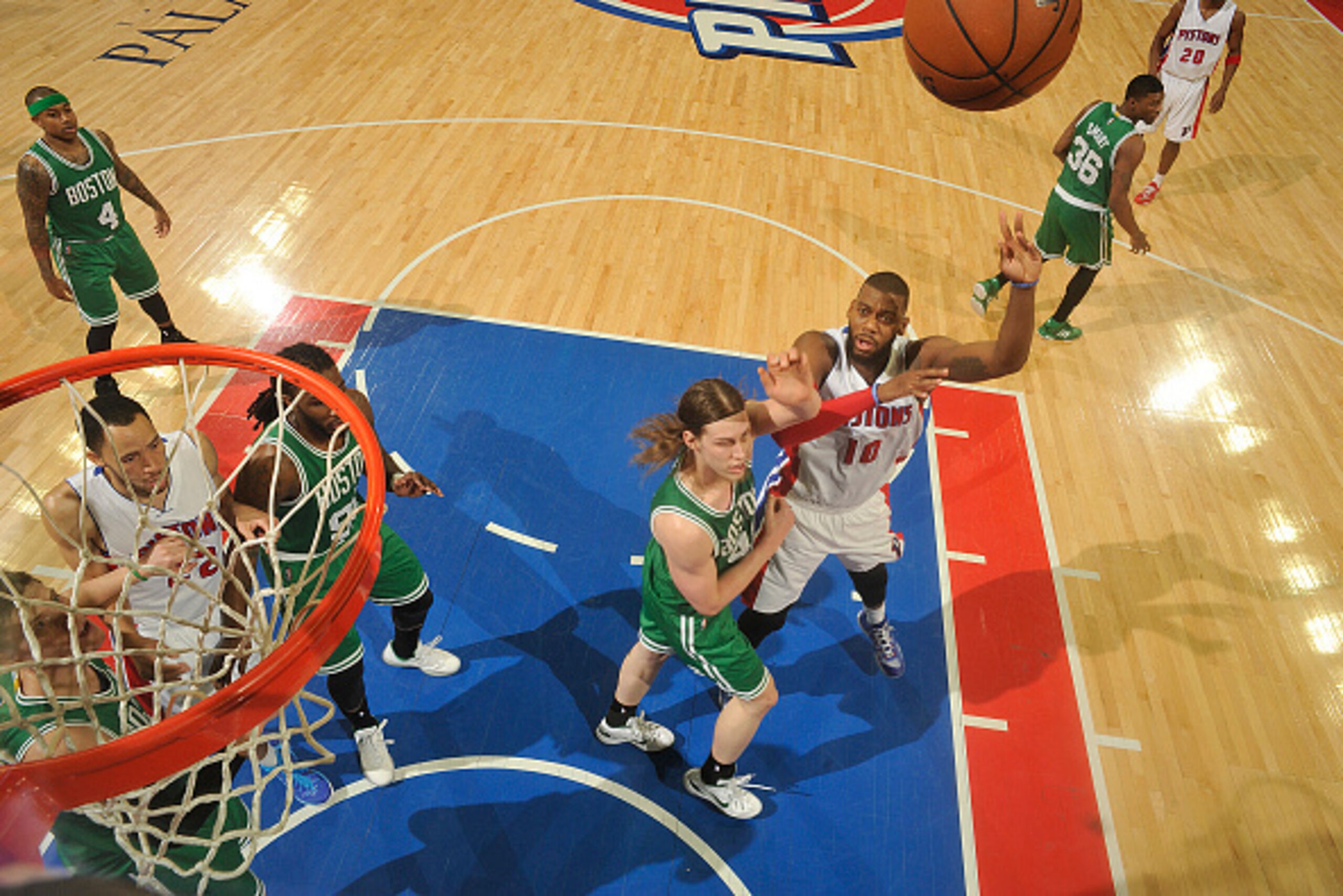 AUBURN HILLS, MI - APRIL 8:  Greg Monroe #10 of the Detroit Pistons shoots the ball against the Boston Celtics on April 8, 2015 at The Palace of Auburn Hills in Auburn Hills, Michigan. NOTE TO USER: User expressly acknowledges and agrees that, by download