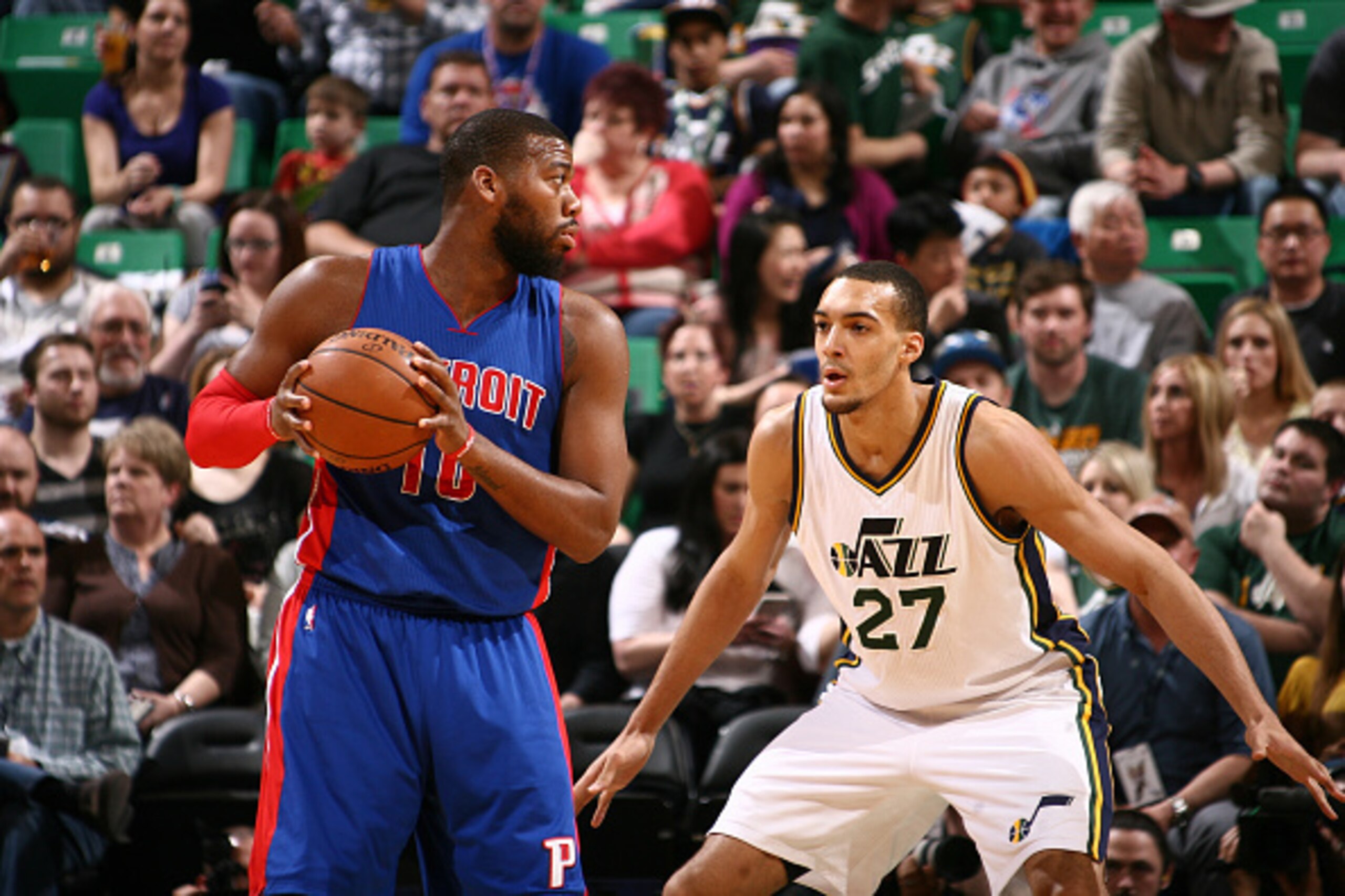 SALT LAKE CITY, UT - MARCH 14:  Greg Monroe #10 of the Detroit Pistons handles the ball against Rudy Gobert #27 of the Utah Jazz on March 14, 2015 at EnergySolutions Arena in Salt Lake City, Utah. NOTE TO USER: User expressly acknowledges and agrees that,