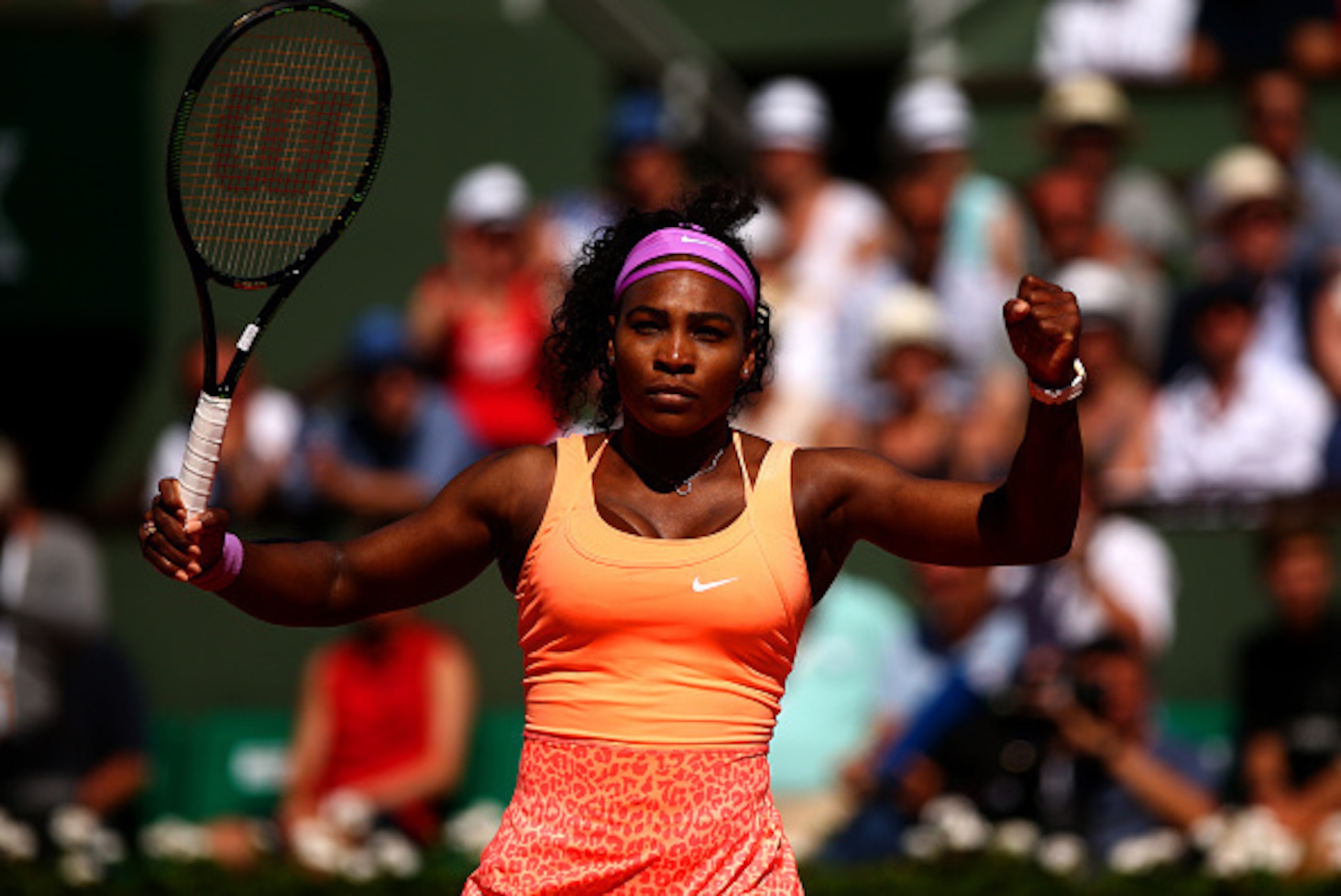 PARIS, FRANCE - JUNE 06:  Serena Williams of the United States celebrates a point during the Women's Singles Final against Lucie Safarova of Czech Repbulic on day fourteen of the 2015 French Open at Roland Garros on June 6, 2015 in Paris, France.  (Photo 