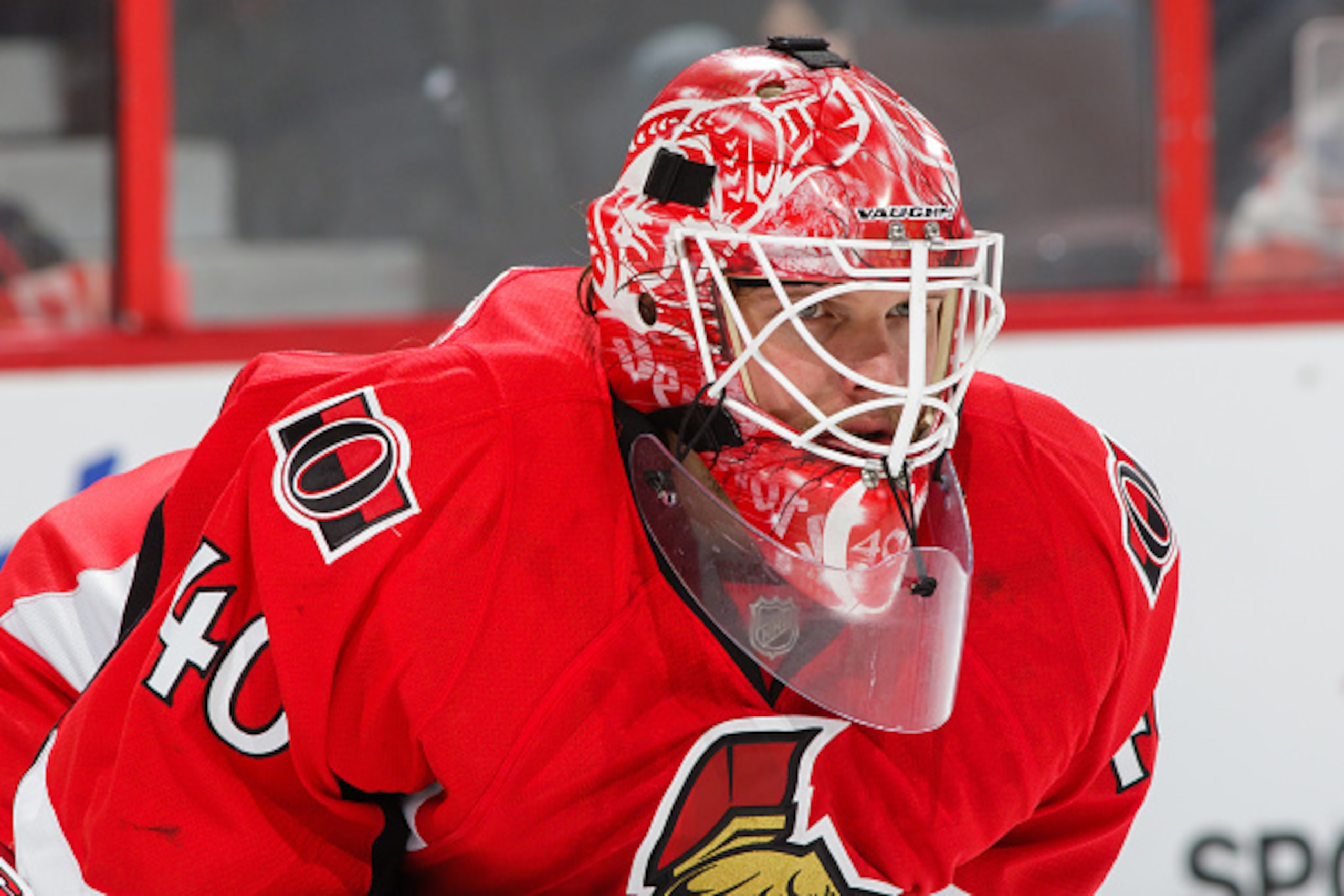 OTTAWA, ON - FEBRUARY 14: Robin Lehner #40 of the Ottawa Senators follows the play against the Edmonton Oilers at Canadian Tire Centre on February 14, 2015 in Ottawa, Ontario, Canada.  (Photo by Jana Chytilova/Freestyle Photography/Getty Images)